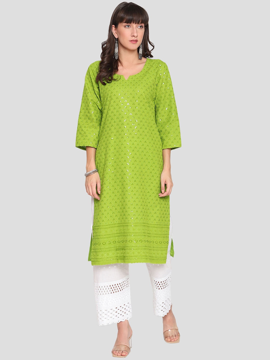 

QUEENLEY Floral Embroidered Notch Neck Regular Chikankari Cotton Kurta, Green