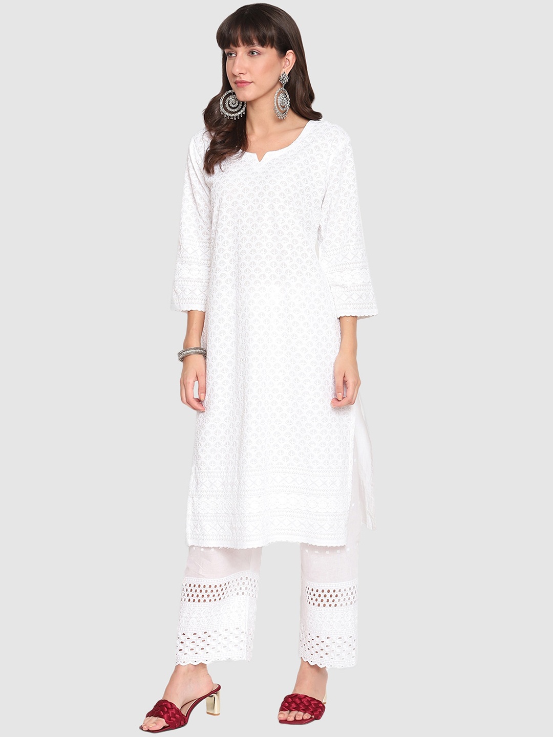 

QUEENLEY Floral Embroidered Notch Neck Regular Chikankari Cotton Kurta, White