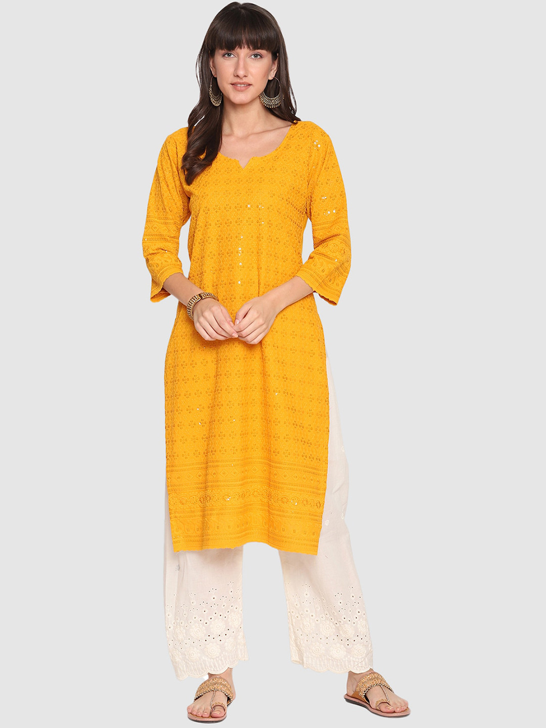 

QUEENLEY Notch Neck Ethnic Motifs Embroidered Cotton Straight Kurta, Yellow
