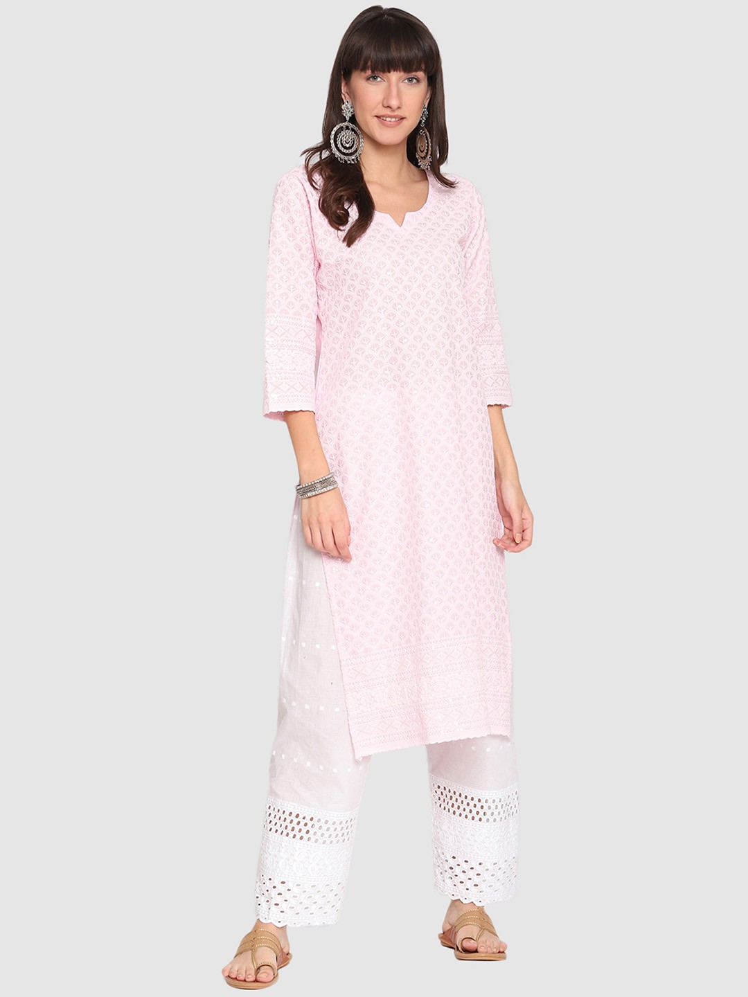 

QUEENLEY Notch Neck Ethnic Motifs Embroidered Chikankari Cotton Kurta, Pink