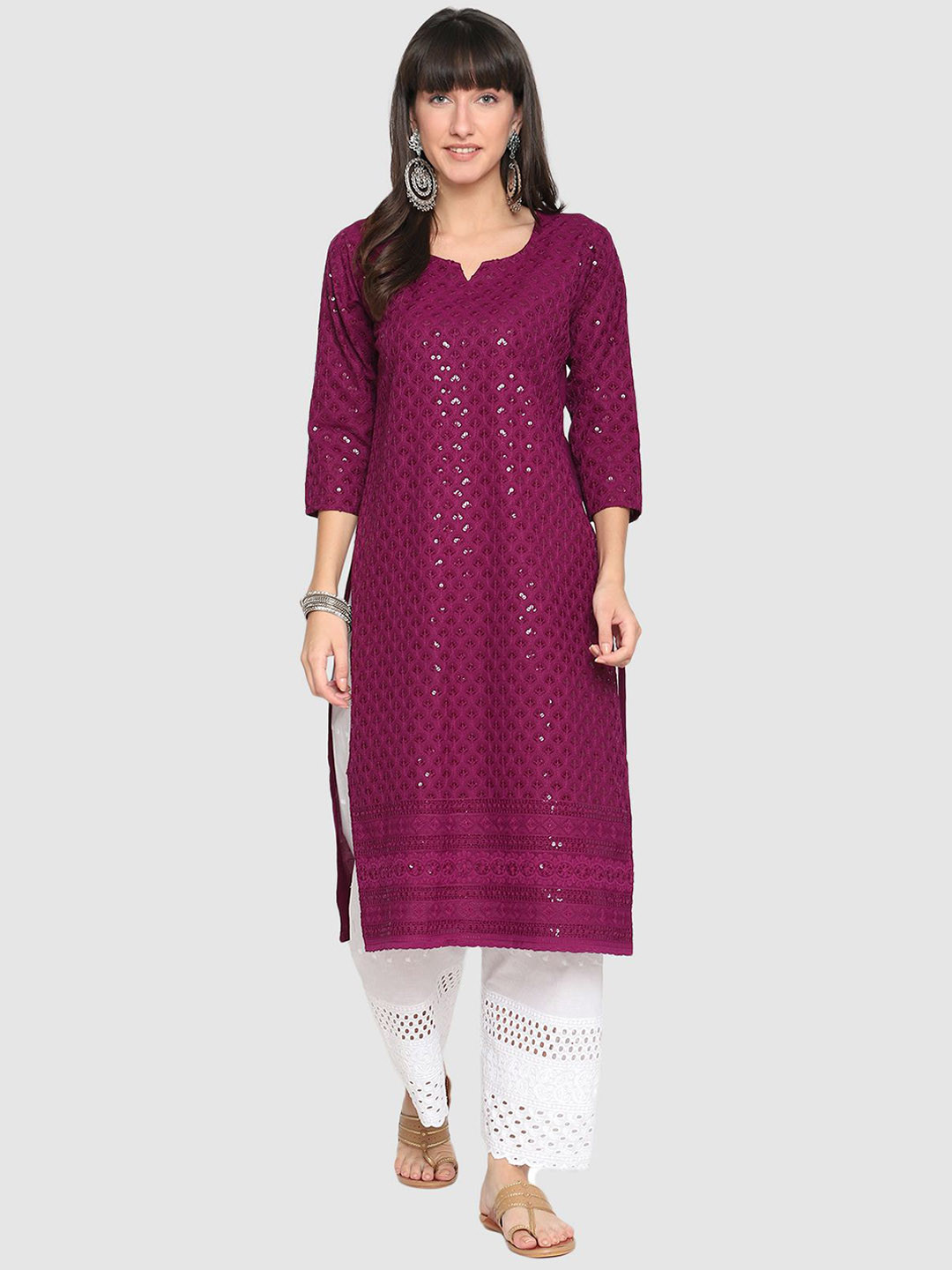 

QUEENLEY Floral Embroidered Notch Neck Regular Chikankari Cotton Kurta, Purple