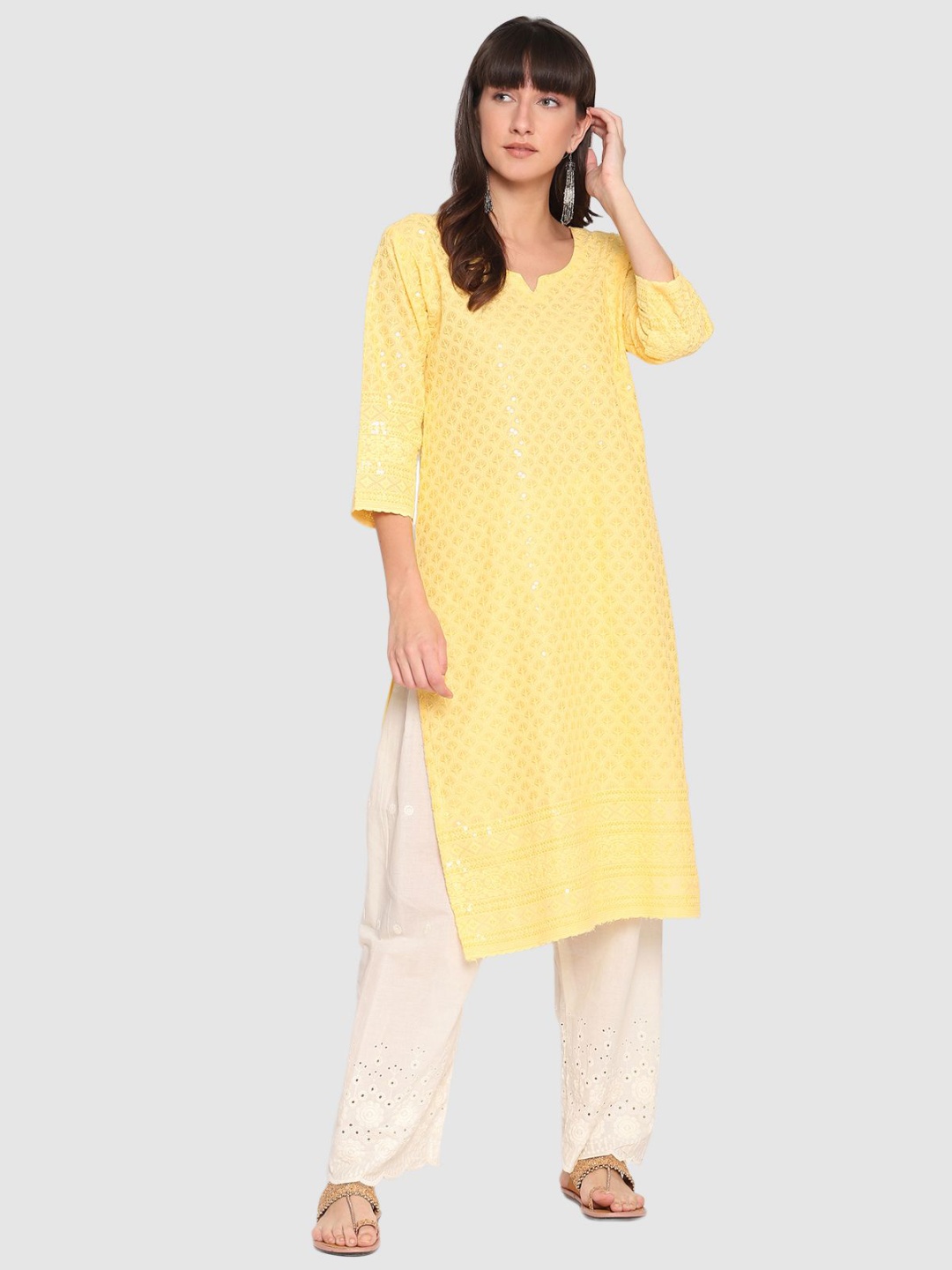 

QUEENLEY Ethnic Motifs Thread Work Notch Neck Straight Kurta, Yellow