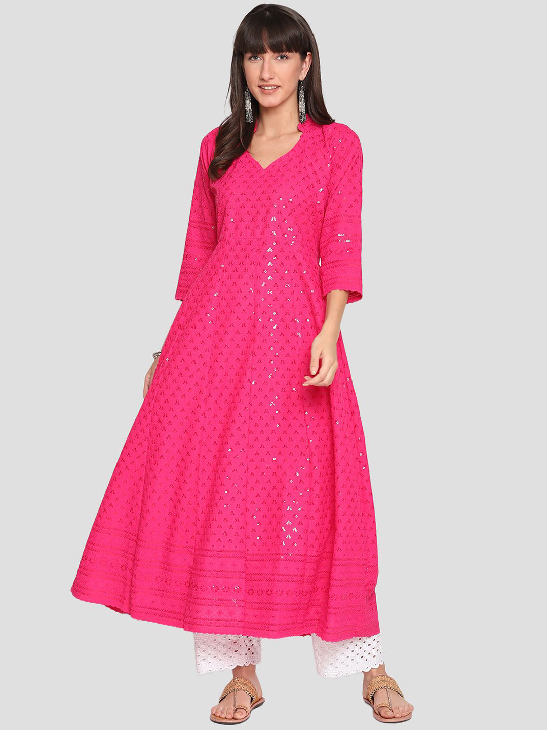

QUEENLEY Ethnic Motifs Embroidered V-Neck Pure Cotton Chikankari Anarkali Kurta, Pink