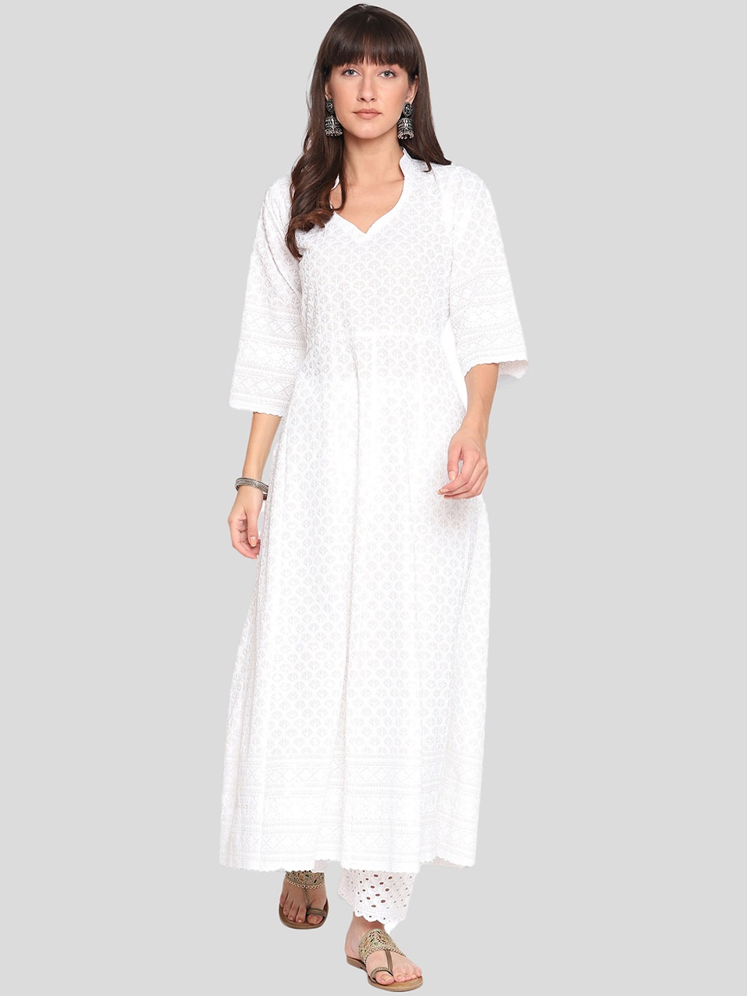 

QUEENLEY Woven Design Flared Sleeves Chikankari Anarkali Kurta, White