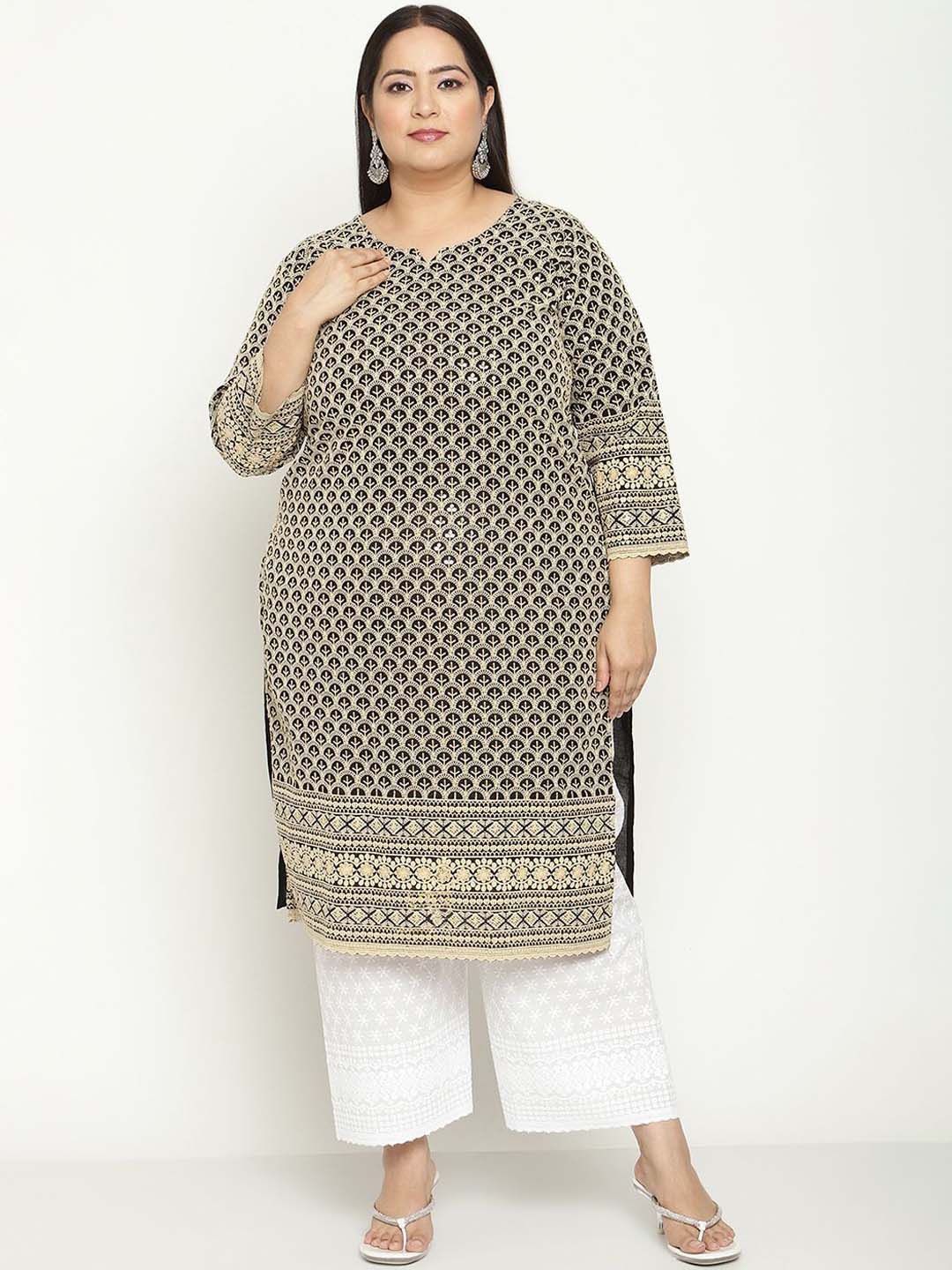 

QUEENLEY Plus Size Notch Neck Geometric Sequinned Cotton Straight Kurta, Beige