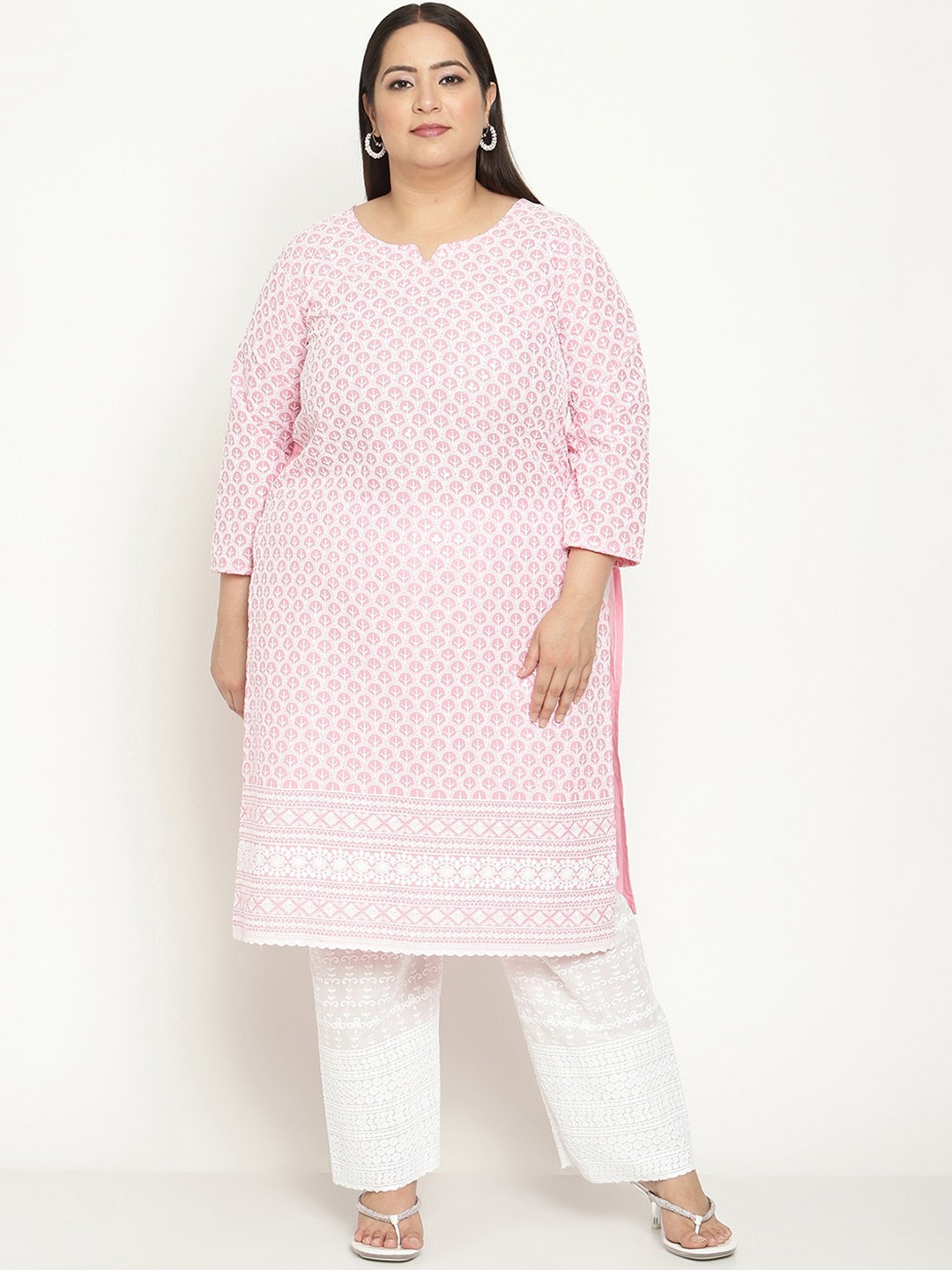 

QUEENLEY Plus Size Floral Embroidered Notch Neck Regular Chikankari Cotton Kurta, Pink