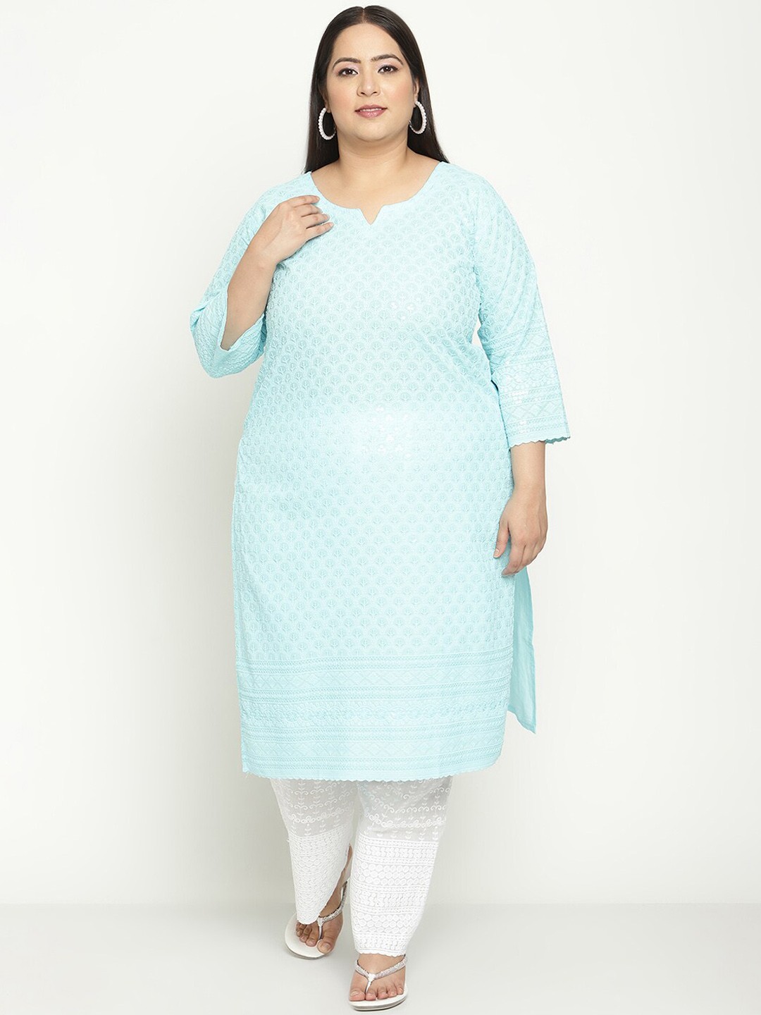 

QUEENLEY Plus Size Ethnic Motifs Embroidered Notch Neck Cotton Chikankari Straight Kurta, Blue
