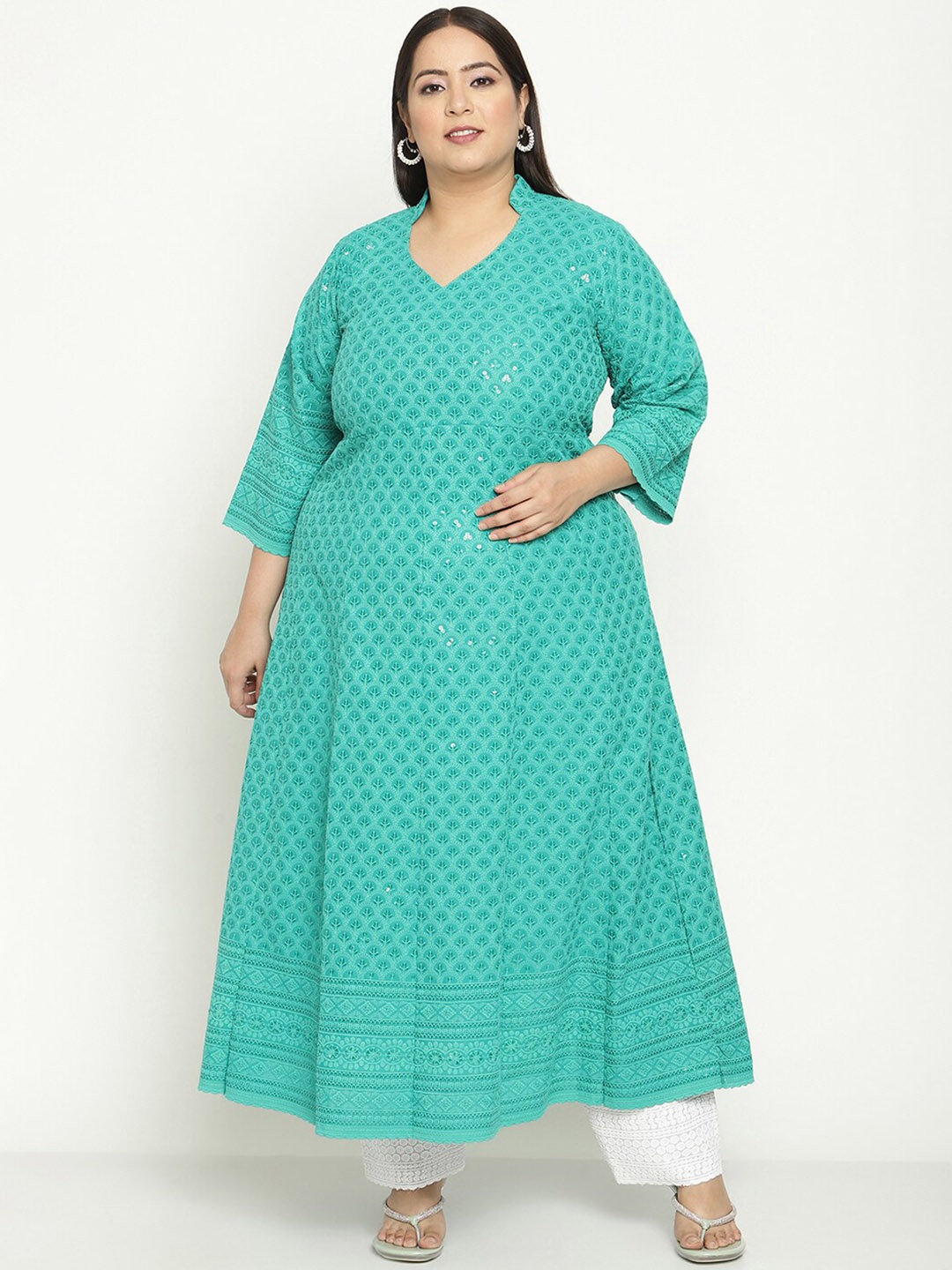 

QUEENLEY Plus Size Ethnic Motifs Embroidered Pure Cotton Chikankari Anarkali Kurta, Sea green