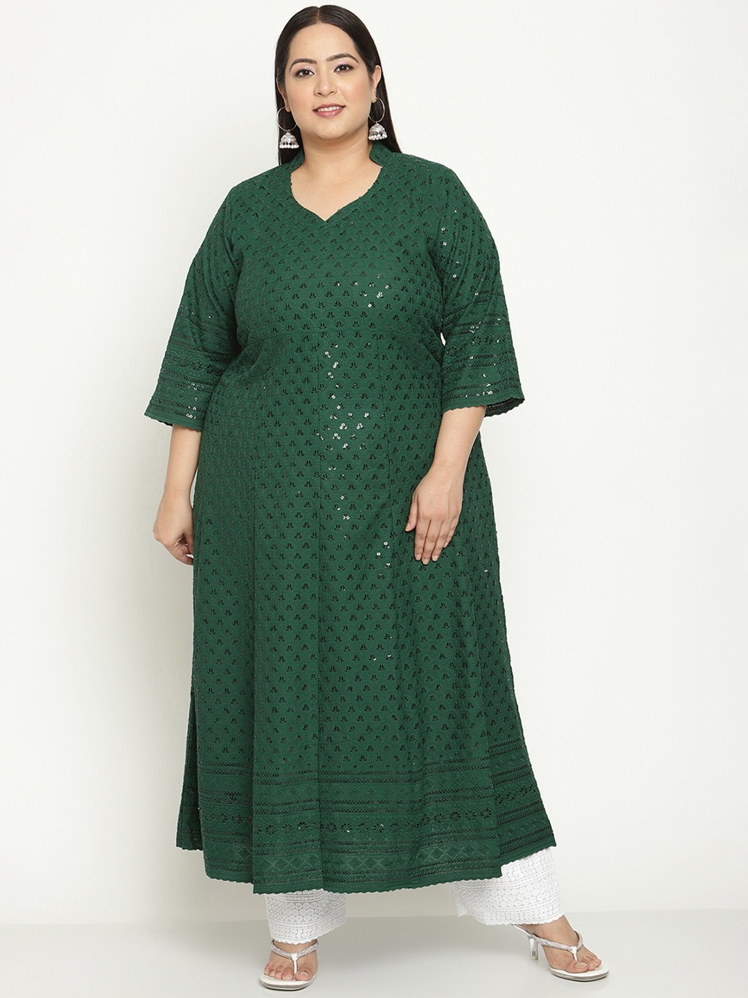 

QUEENLEY Plus Size Ethnic Motifs Embroidered Notch Neck Cotton Chikankari Anarkali Kurta, Green
