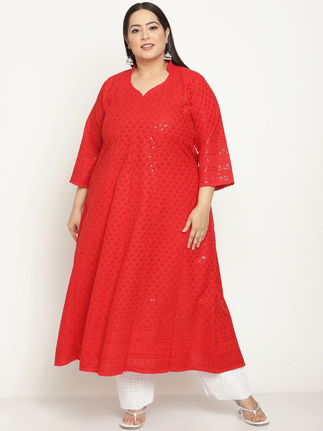 

QUEENLEY Plus Size Ethnic Motifs Embroidered V-Neck Pure Cotton Chikankari Anarkali Kurta, Red