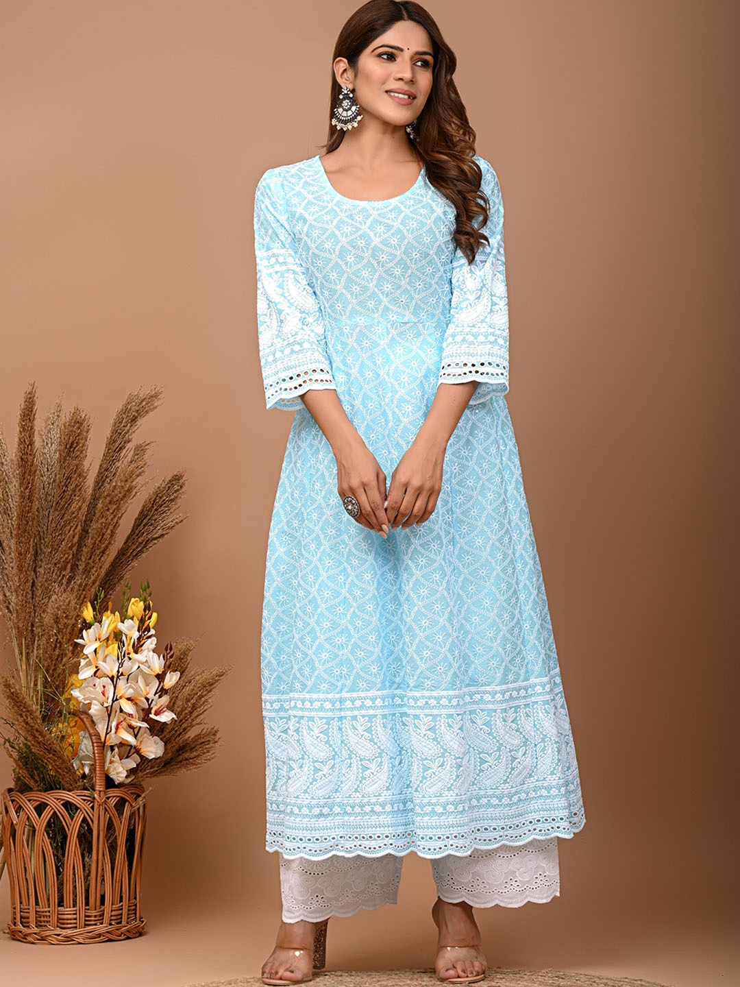 

QUEENLEY Ethnic Motifs Embroidered Pure Cotton Chikankari Anarkali Kurta, Turquoise blue