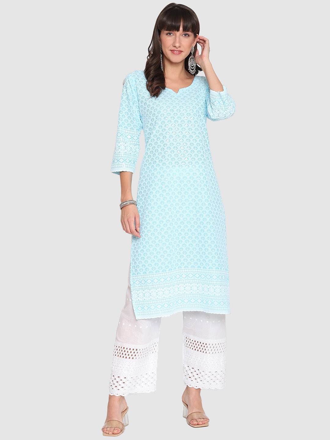 

QUEENLEY Ethnic Motifs Embroidered Notch Neck Cotton Chikankari Straight Kurta, Blue