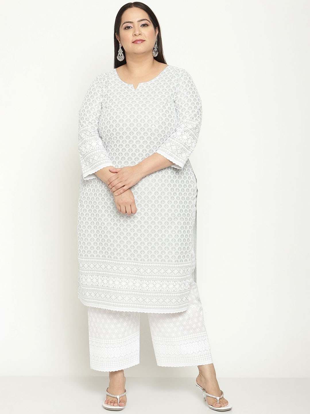 

QUEENLEY Plus Size Ethnic Motifs Embroidered Notch Neck Cotton Chikankari Straight Kurta, Grey