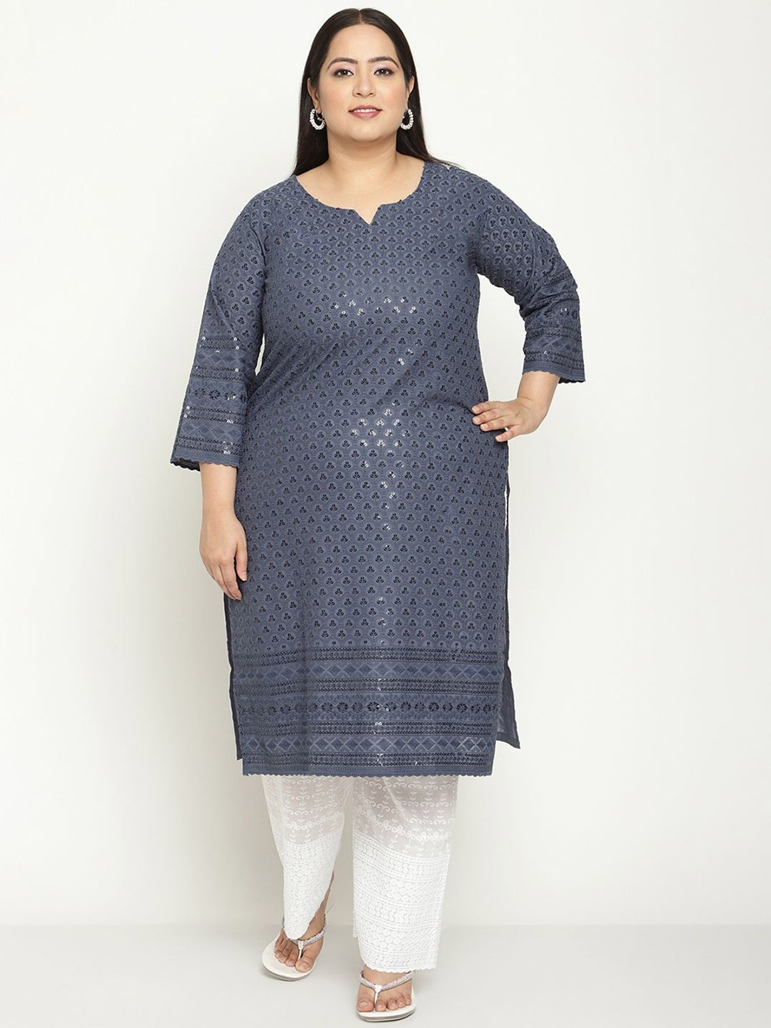 

QUEENLEY Women Flared Sleeves Chikankari Kurta, Blue