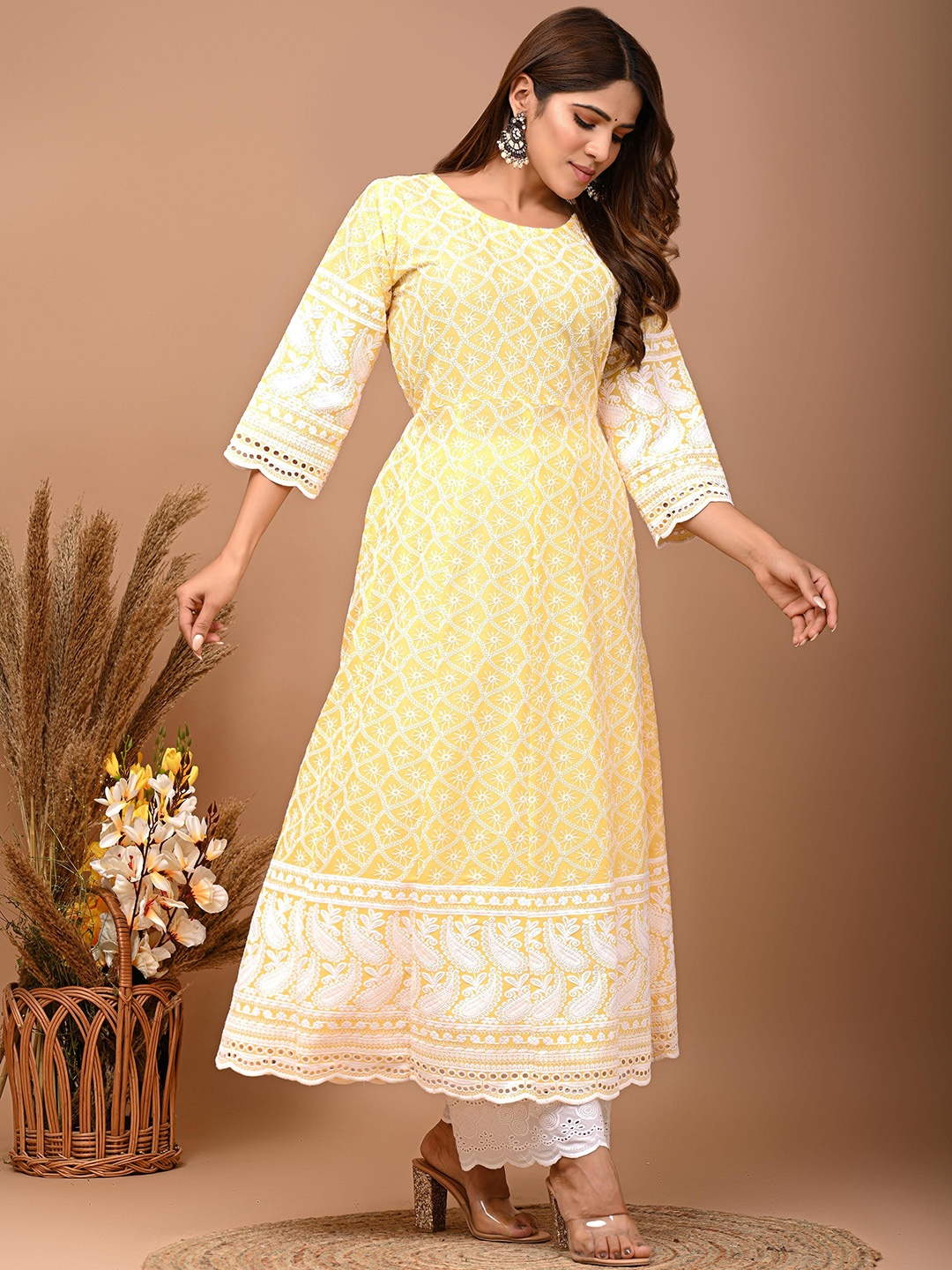 

QUEENLEY Round Neck Ethnic Motifs Printed Thread Work Cotton Anarkali Kurta, Yellow