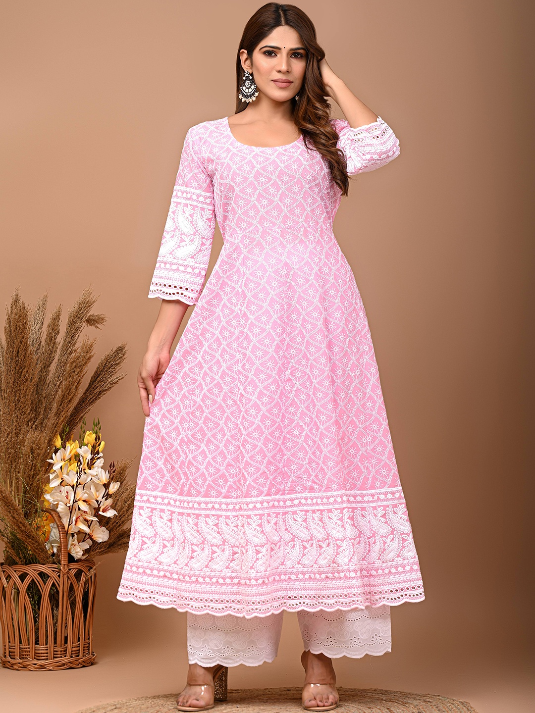 

QUEENLEY Ethnic Motifs Embroidered Pure Cotton Chikankari Anarkali Kurta, Pink