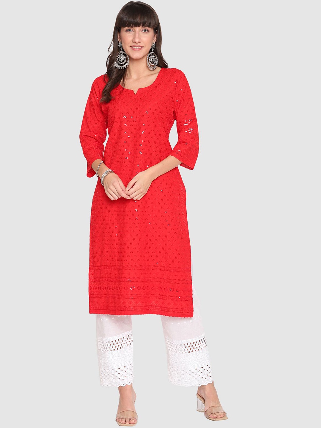 

QUEENLEY Notch Neck Embroidered Sequinned Cotton Straight Kurta, Red