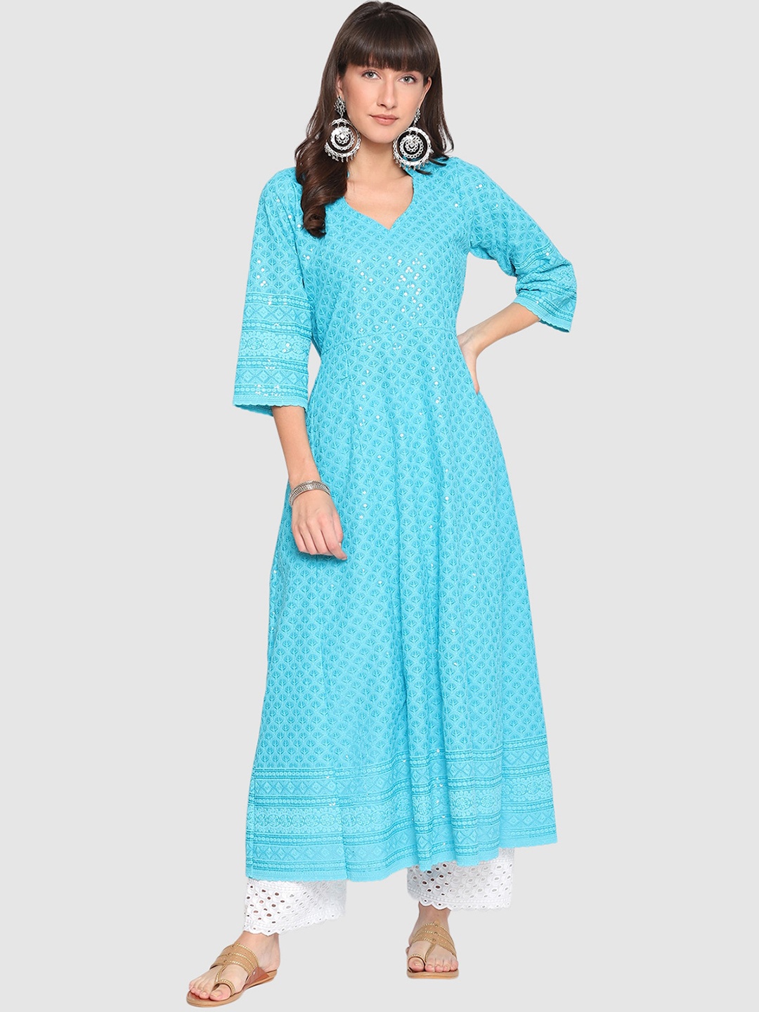 

QUEENLEY V Neck Ethnic Motifs Printed Cotton Anarkali Kurta, Turquoise blue