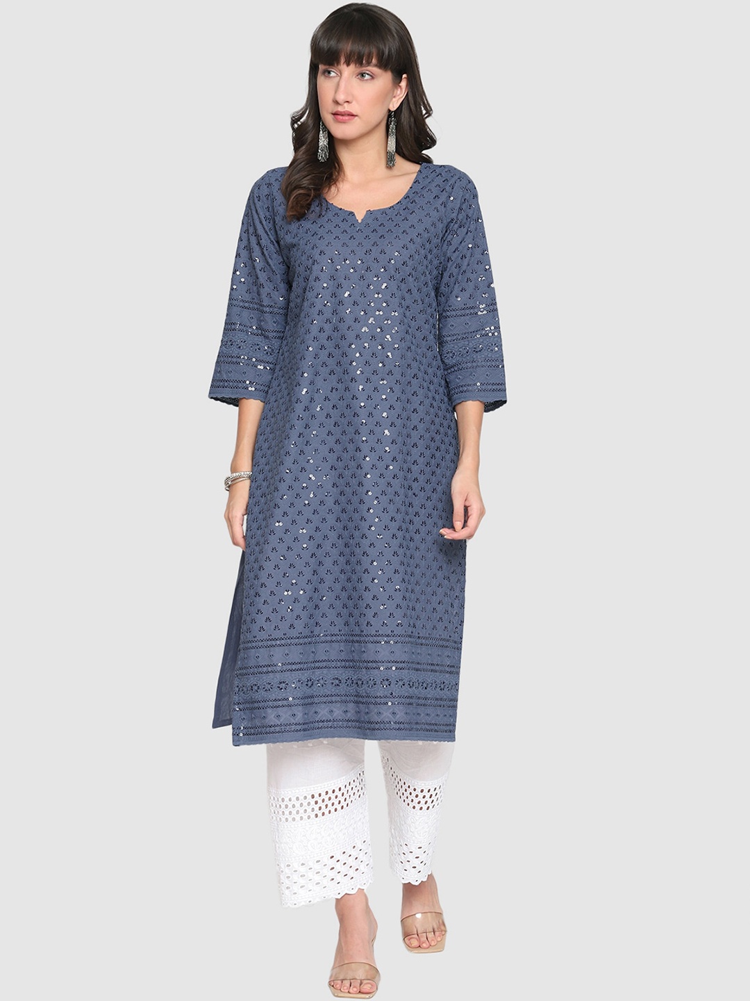 

QUEENLEY Floral Embroidered Notch Neck Regular Chikankari Cotton Kurta, Blue