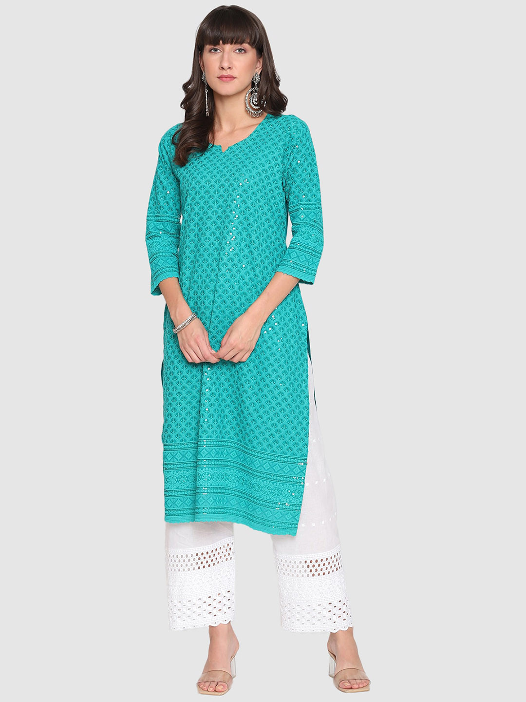 

QUEENLEY Ethnic Motifs Embroidered Notch Neck Cotton Chikankari Straight Kurta, Blue