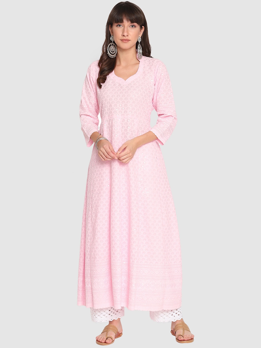 

QUEENLEY Women Embroidered Flared Sleeves Chikankari Anarkali Kurta, Pink