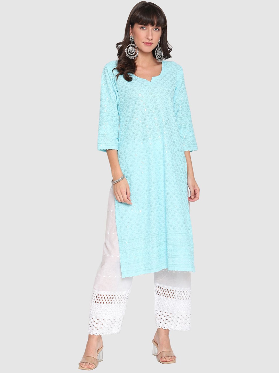 

QUEENLEY Ethnic Motifs Embroidered Notch Neck Cotton Chikankari Straight Kurta, Blue