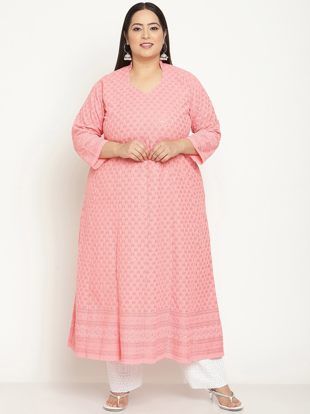 

QUEENLEY Plus Size Ethnic Motifs Embroidered Notch Neck Cotton Chikankari Anarkali Kurta, Peach