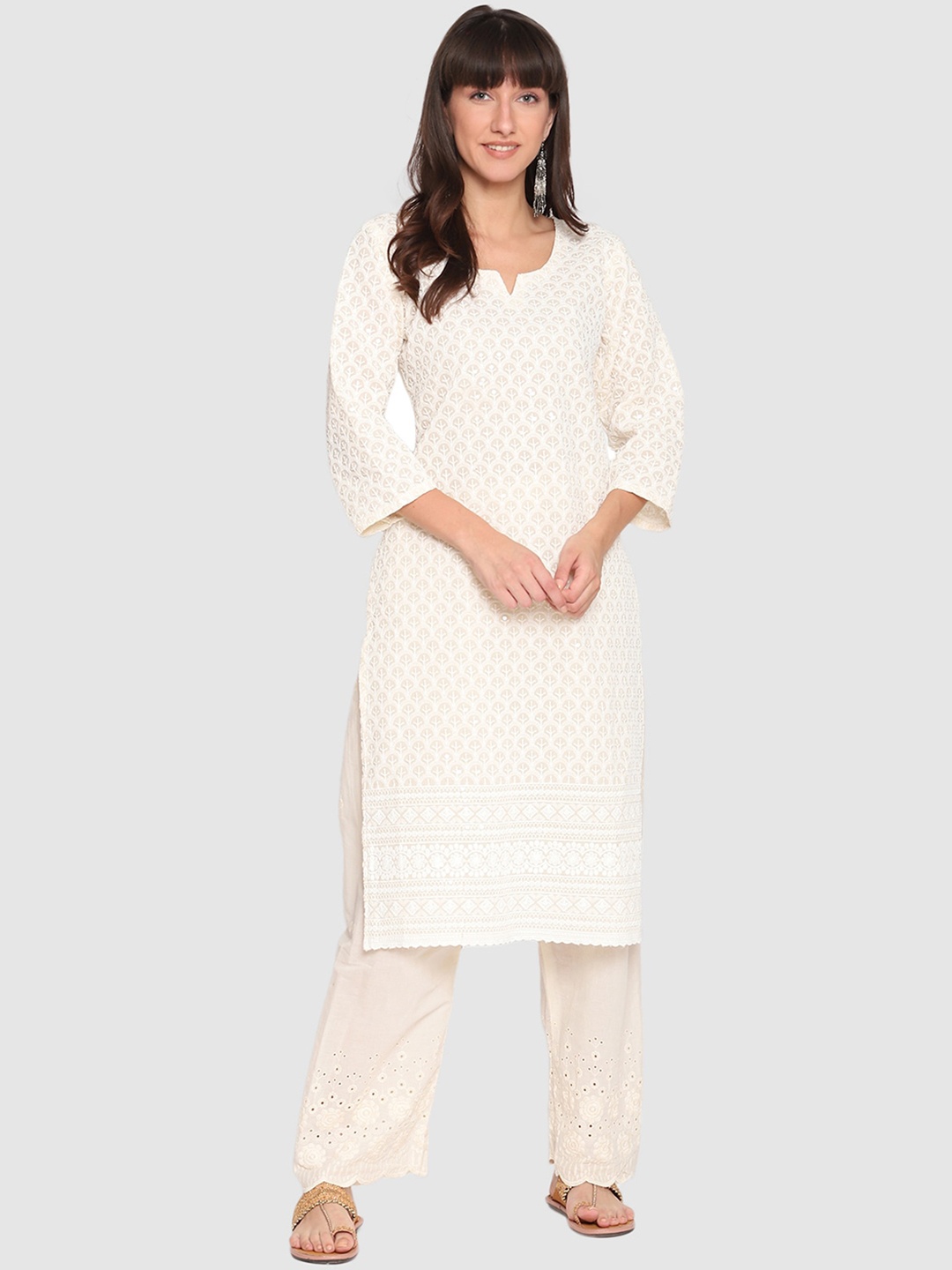 

QUEENLEY Ethnic Motifs Embroidered Notch Neck Cotton Chikankari Straight Kurta, Cream