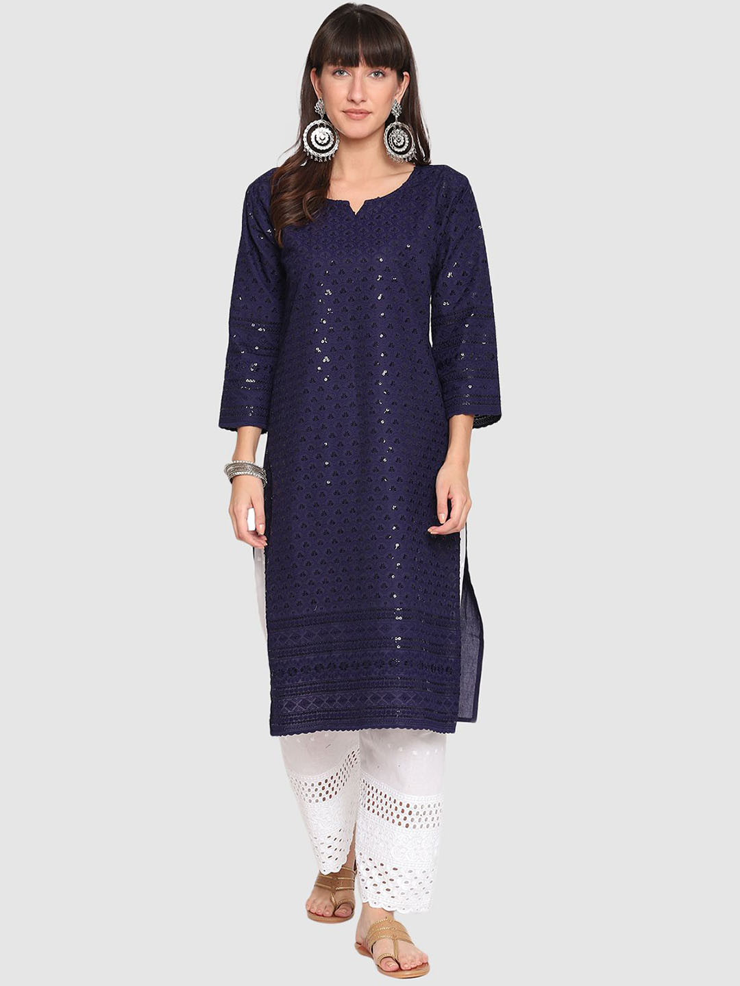 

QUEENLEY Ethnic Motifs Embroidered Notch Neck Cotton Chikankari Straight Kurta, Navy blue