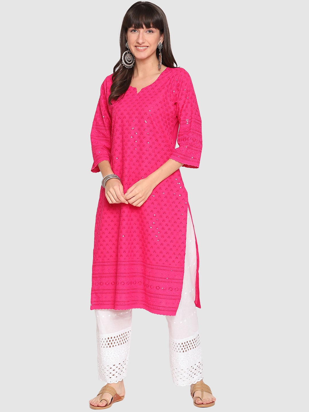 

QUEENLEY Chikankari Embroidered Sequinned Straight Kurta, Magenta