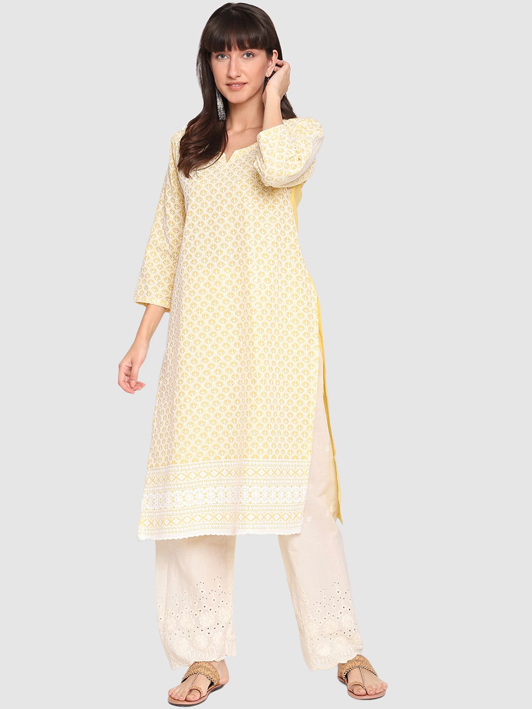 

QUEENLEY Ethnic Motifs Chikankari Thread Work Notch Neck Straight Kurta, Yellow