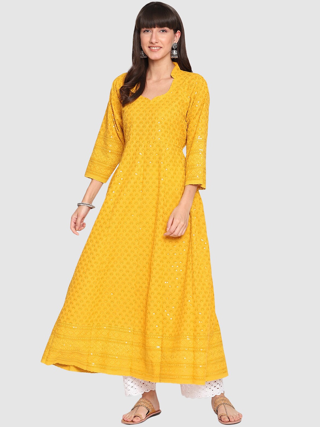 

QUEENLEY Women Chevron Embroidered Sequinned Anarkali Kurta, Yellow