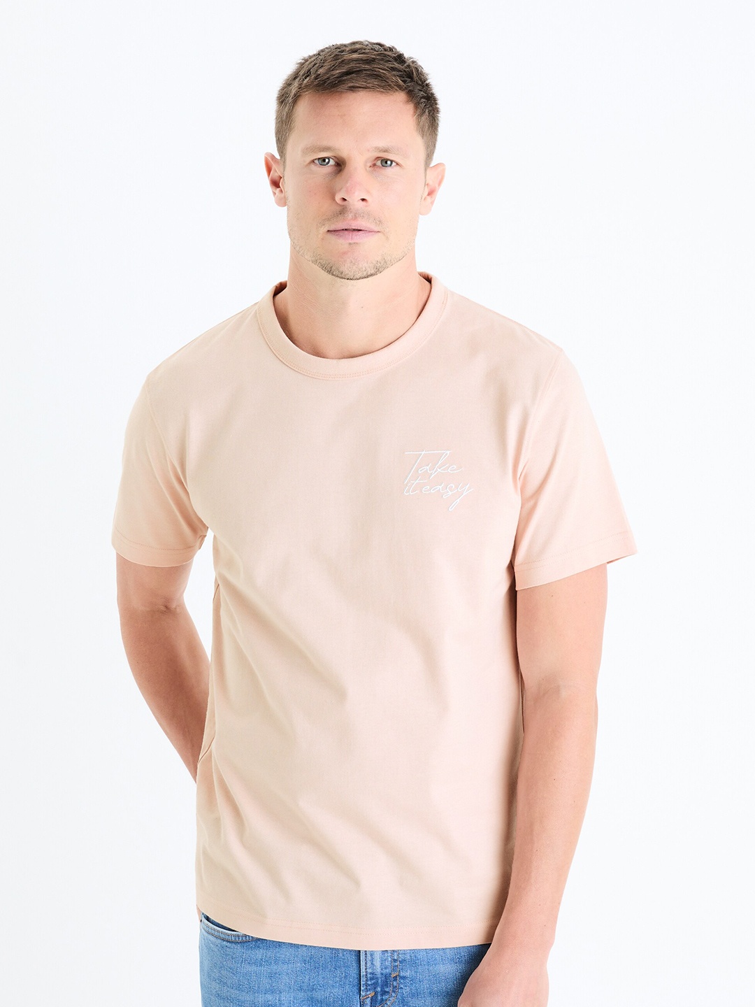 

Celio Typography Embroidered Round Neck Cotton Regular Fit T-shirt, Pink