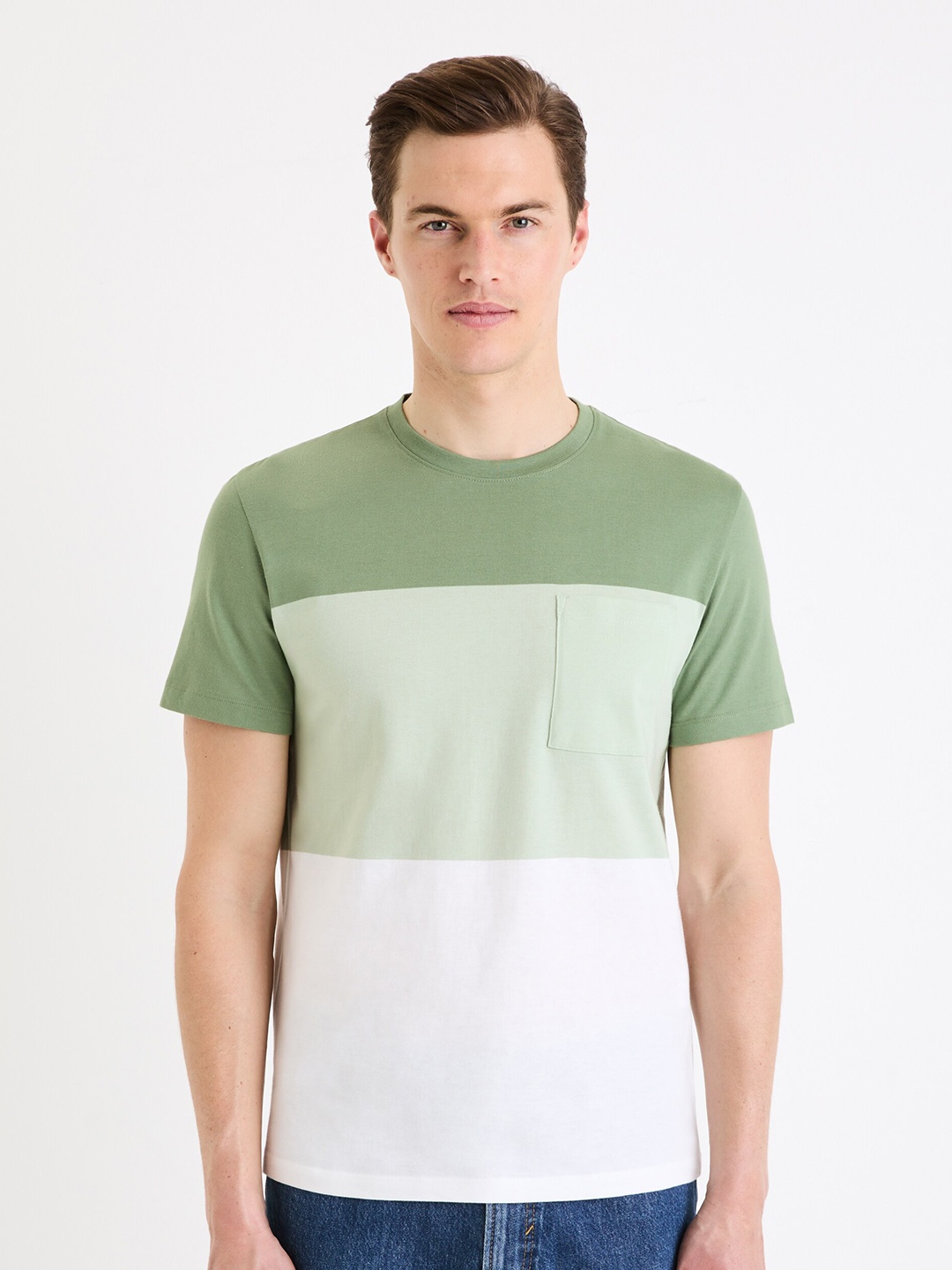 

Celio Colourblocked Round Neck Cotton Regular Fit Pockets T-shirt, Green