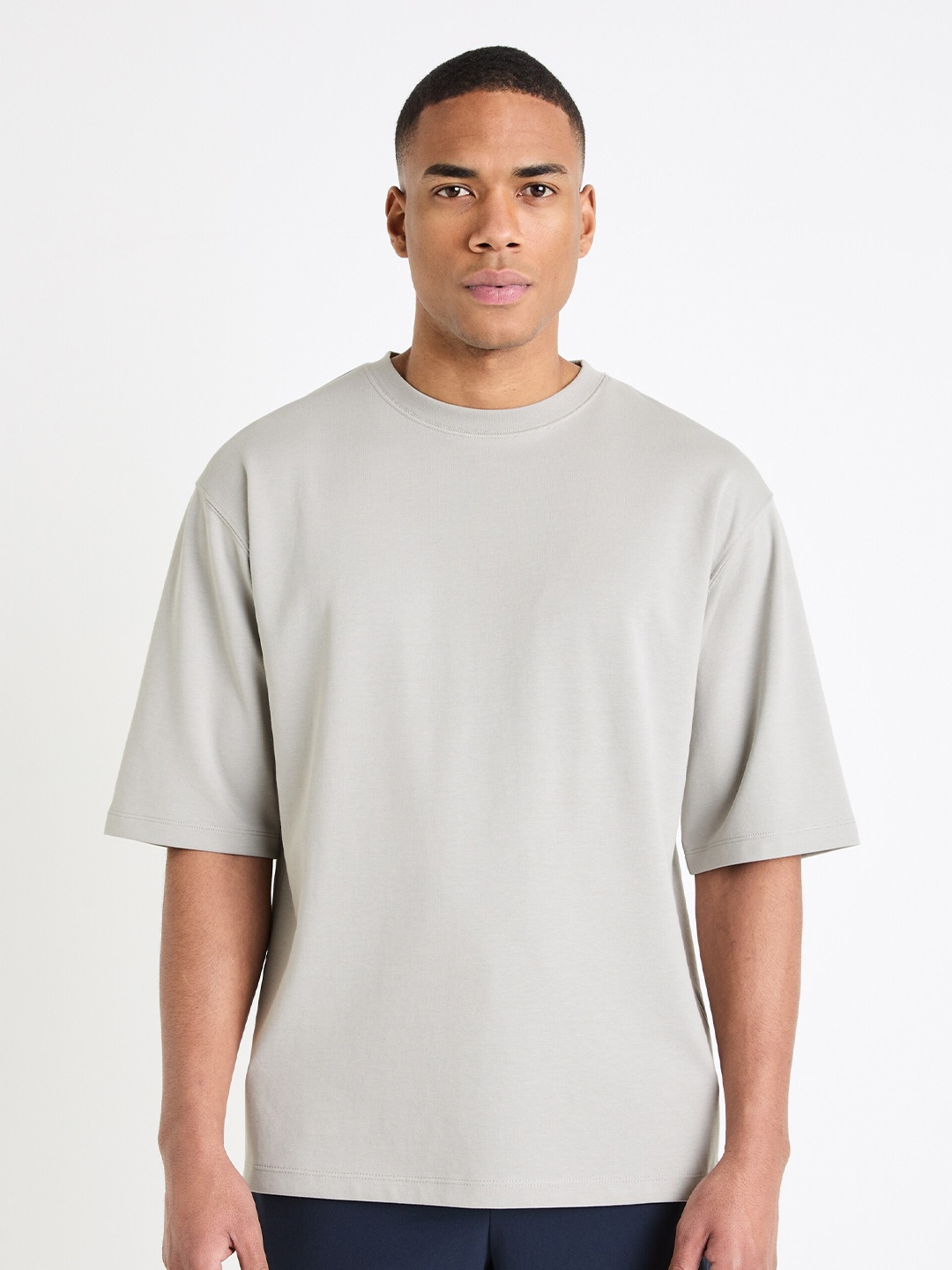 

Celio Round Neck Short Drop-Shoulder Sleeves Boxy T-shirt, Grey