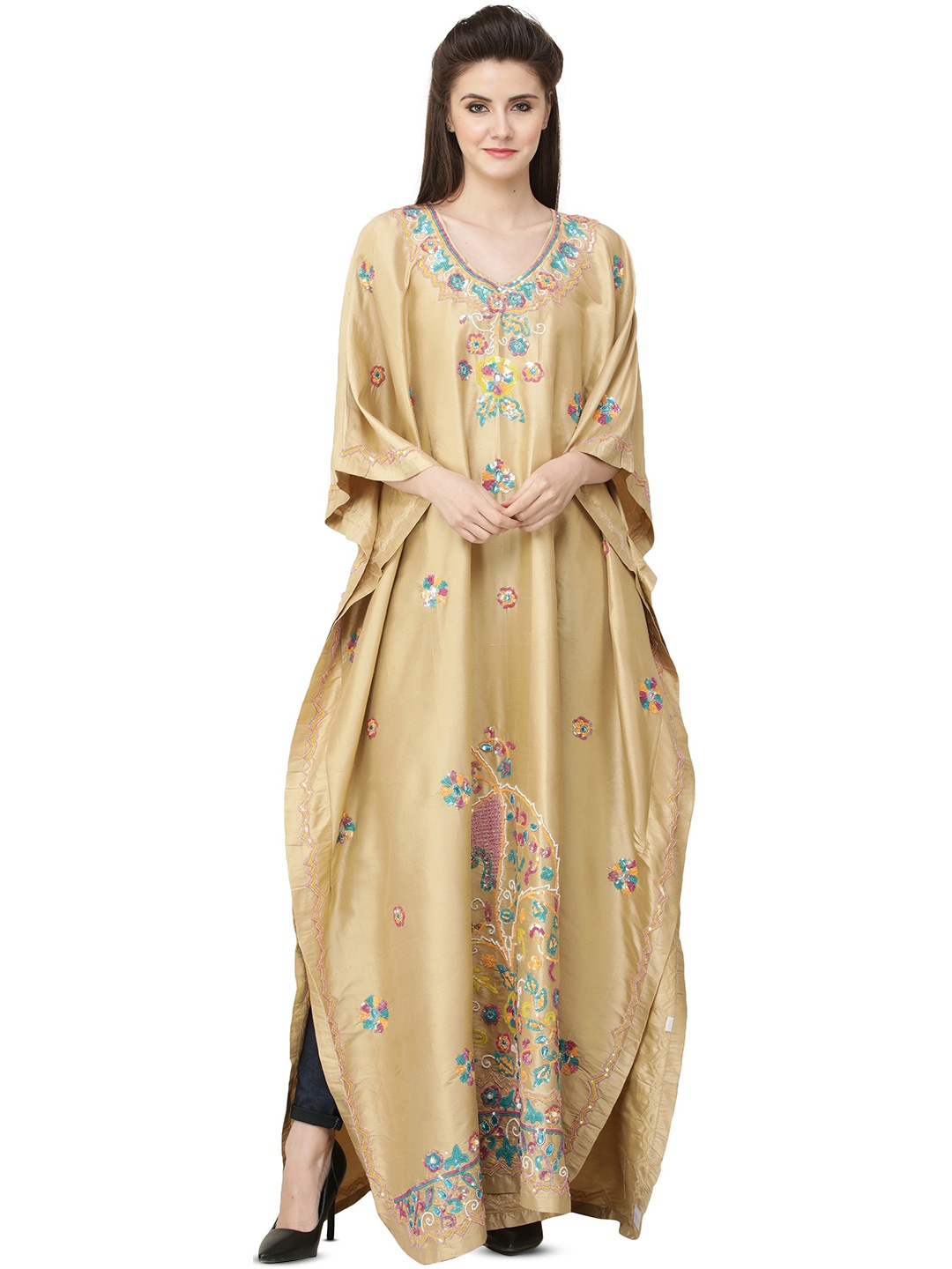 Exotic India Pebble Kashmiri Kaftan with Embellished Sequins and Stones, Beige