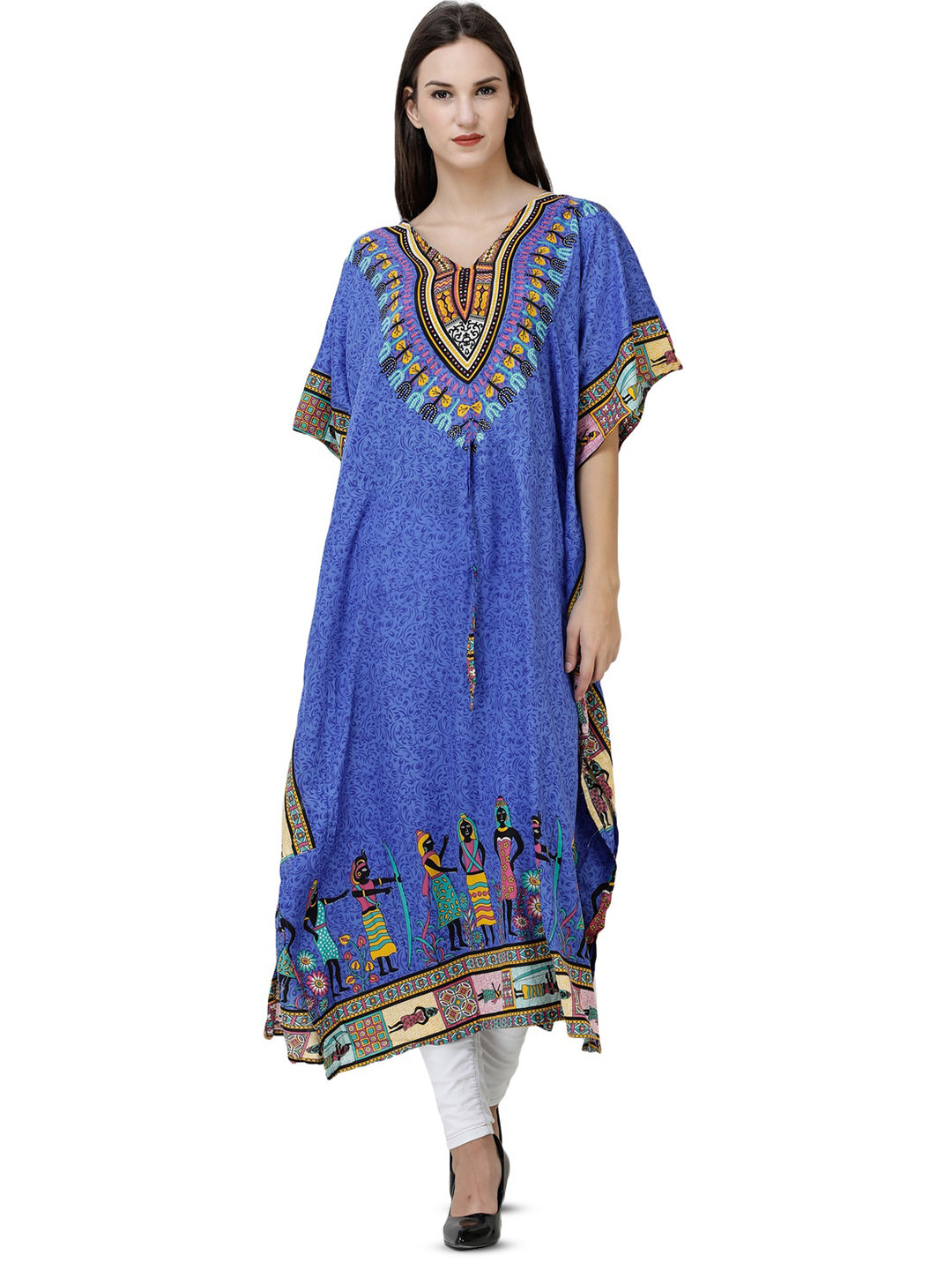 

Exotic India Ethnic Motifs Printed Midi Kaftan Dress, Blue