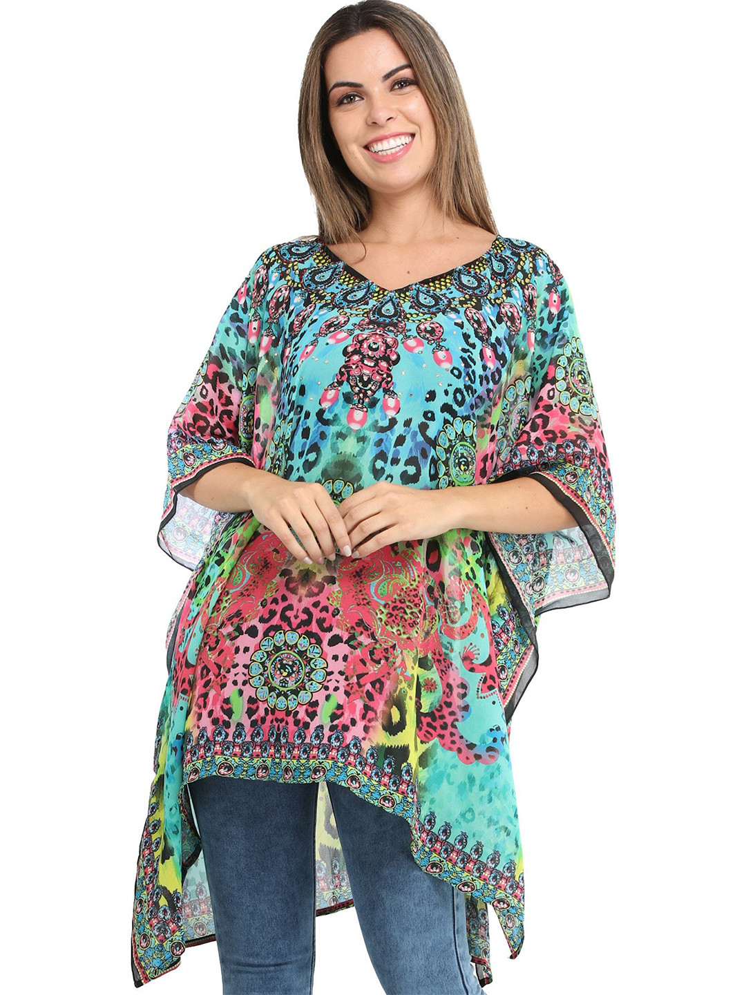 

Exotic India V Neck Kimono Sleeves Floral Print Georgette Kaftan Dress, Blue