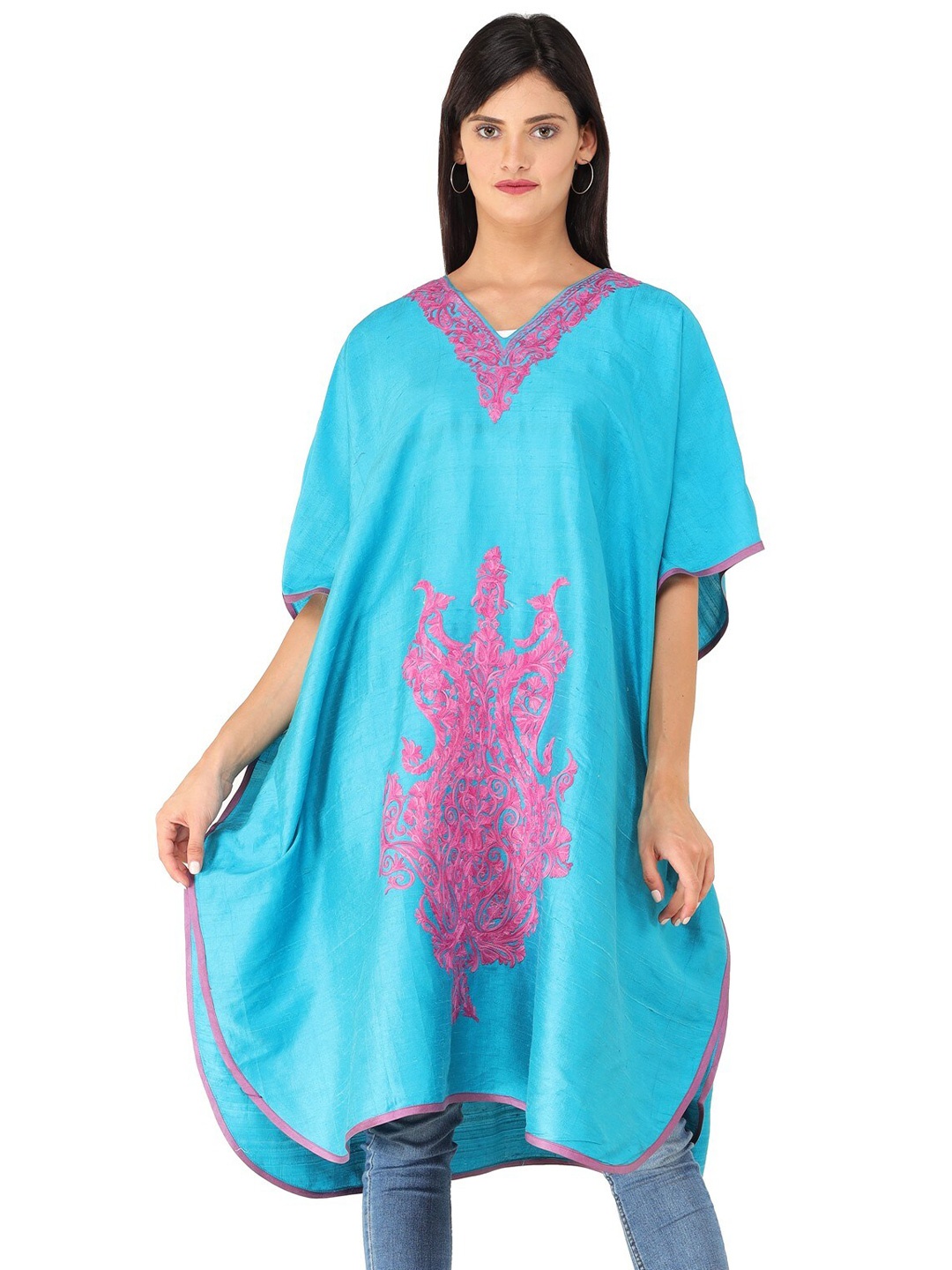 

Exotic India Exotic Plume Long Kashmiri Silk Kaftan with Aari Embroidered Flowers, Brown