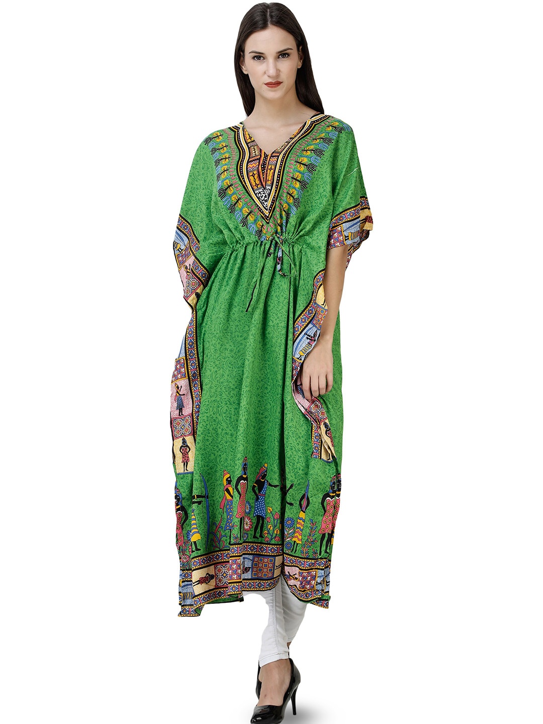 

Exotic India Vibrant Green Kaftan with African Printed Village Tribal and Waist Sash