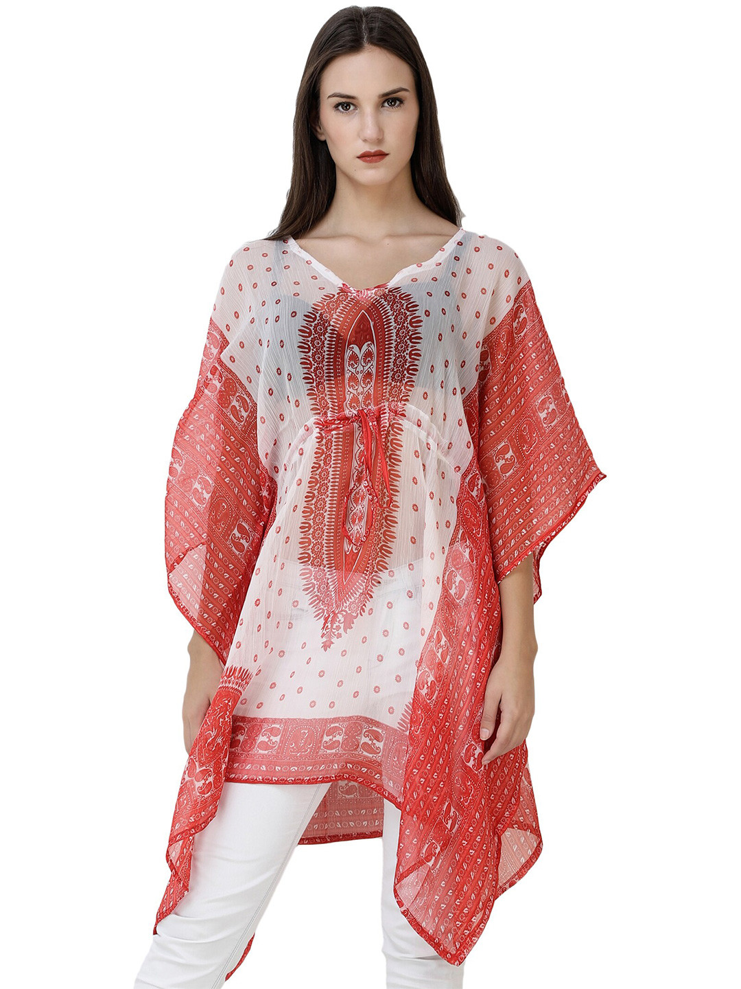 

Exotic India Chiffon Tomato Diaphanous Beachwear Kaftan with Waist Sash, Red