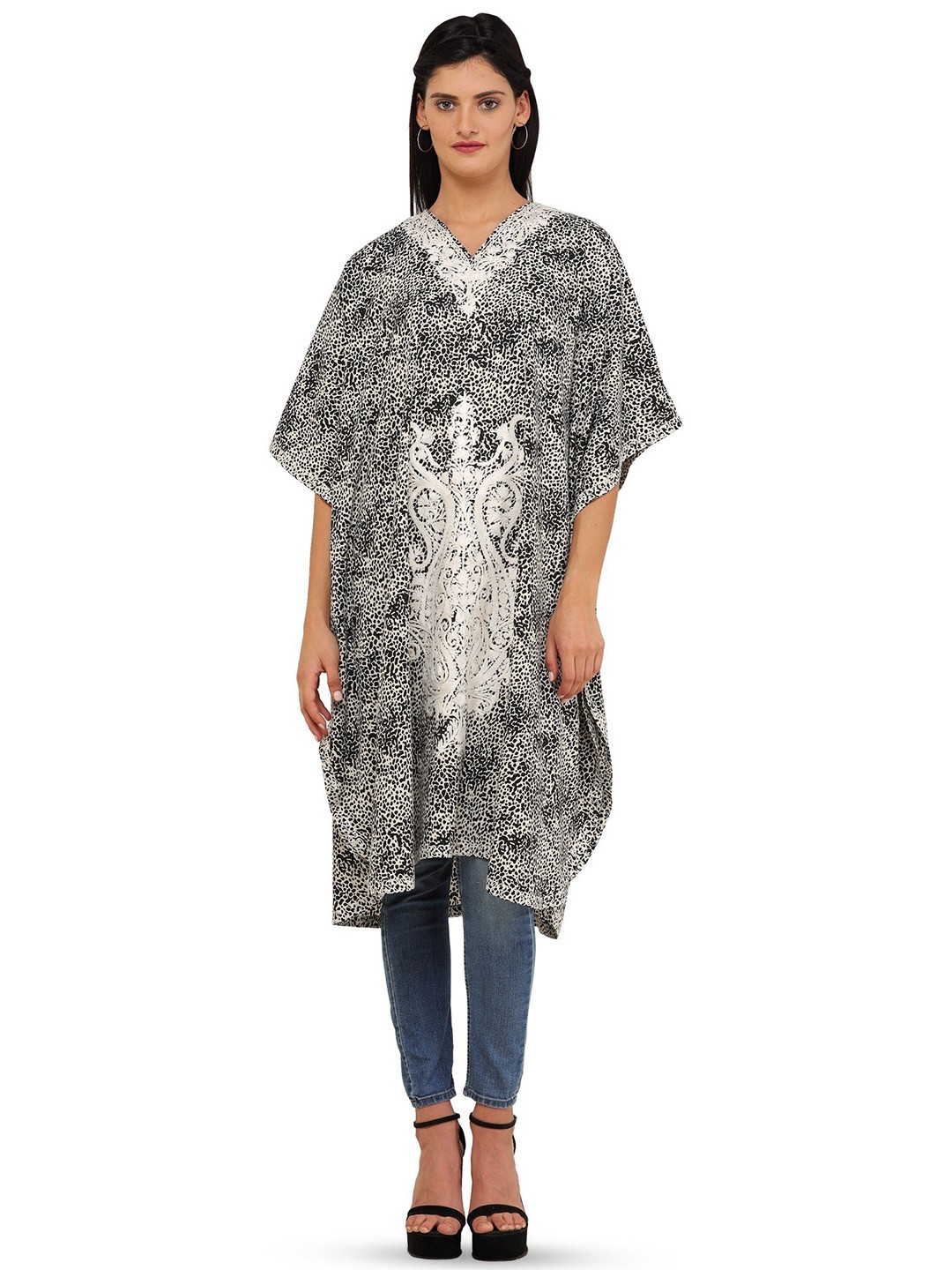 

Exotic India V Neck Kimono Sleeves Abstract Print Chiffon Kaftan Dress, Black