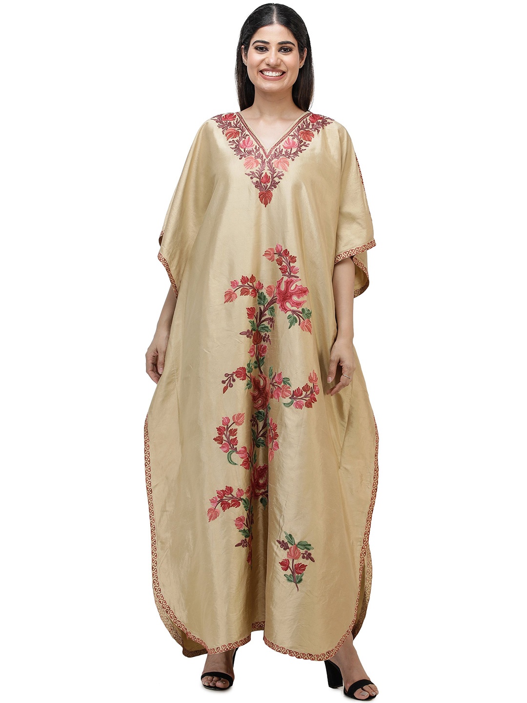 

Exotic India Floral Printed Flared Sleeve Kashmiri Silk Casual A-Line Dress, Beige