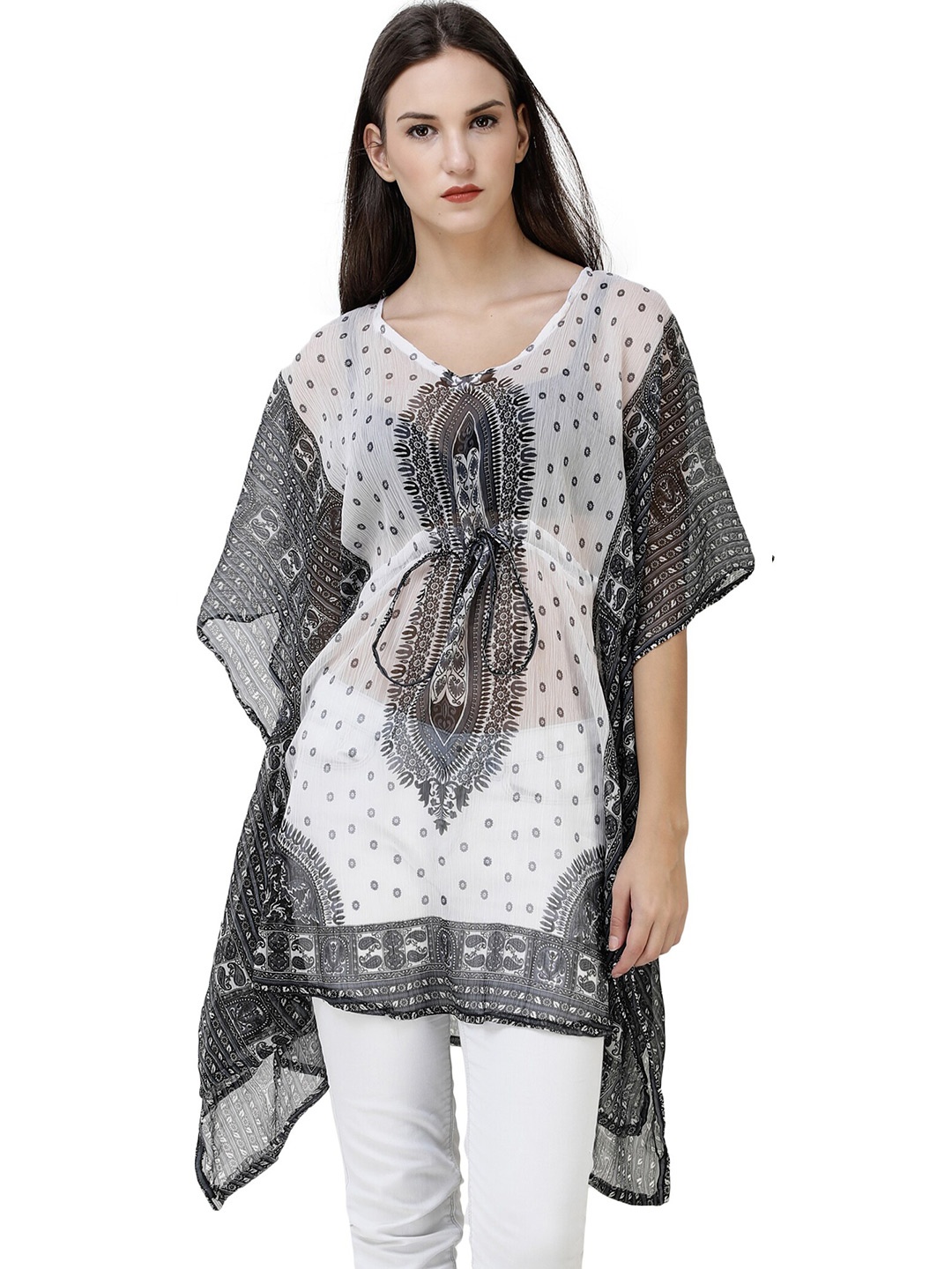 

Exotic India Print Chiffon Casual A-Line Dress, Black