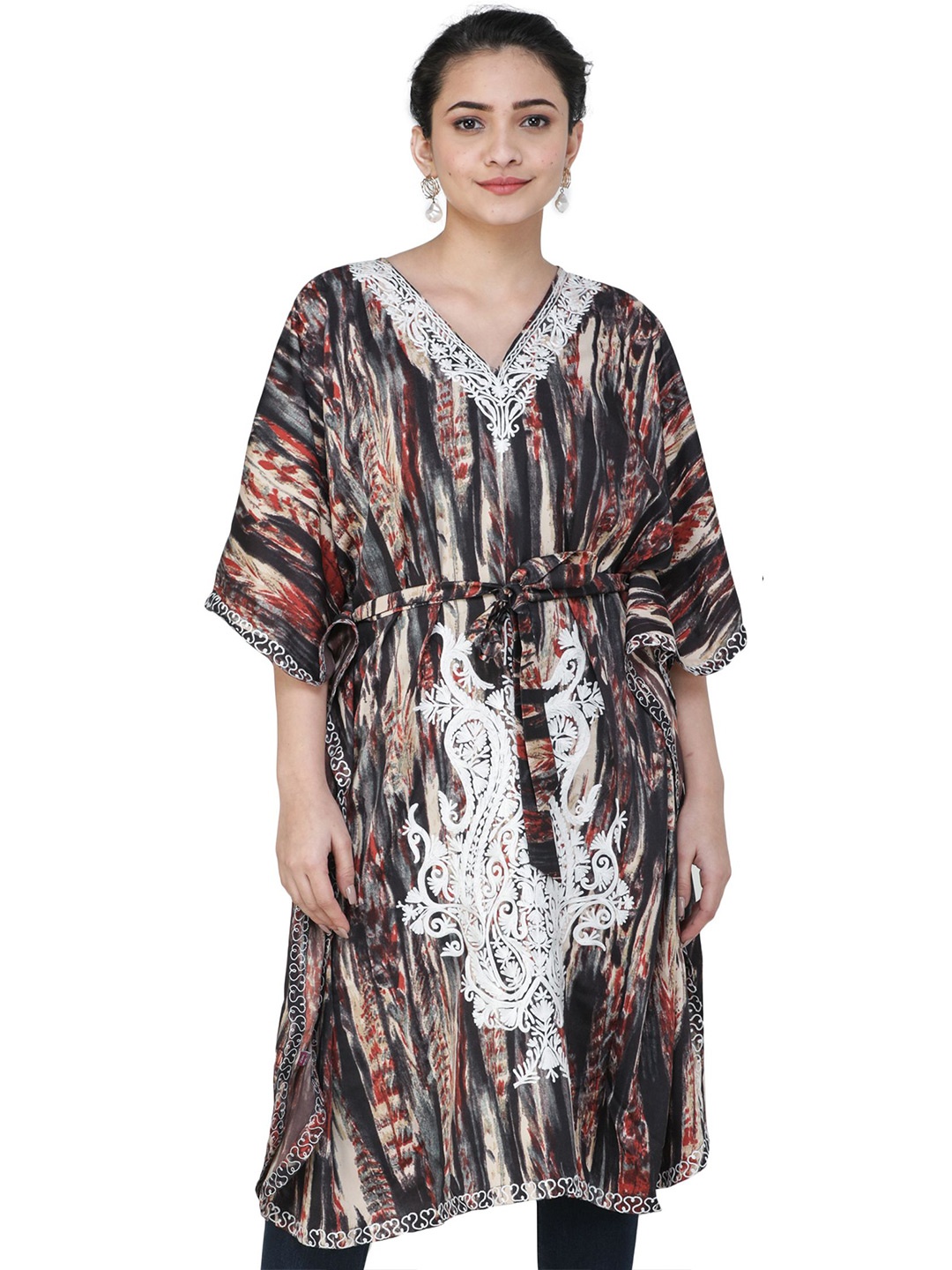 

Exotic India Abstract Printed V-Neck Kimono Sleeves Cotton Fit & Flare Dress, Beige