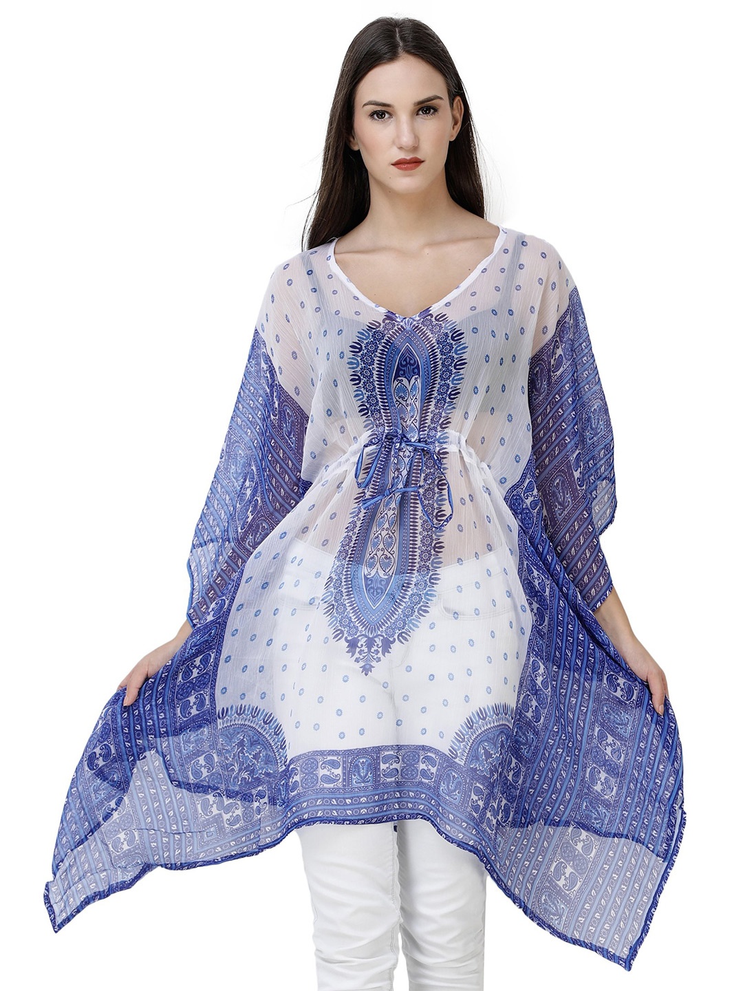 

Exotic India Dazzling Blue Chiffon Diaphanous Beachwear Kaftan with Waist Sash