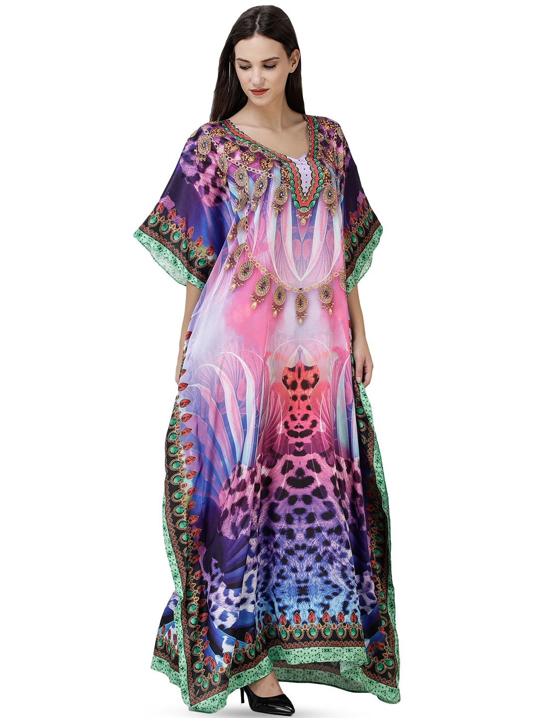 

Exotic India Radiant Orchid Long Printed Kaftan Embellished with Multicolor Crystals, Purple