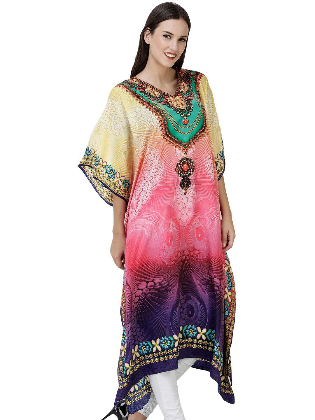 

Exotic India Multicolored Printed Kaftan Embellished with Crystals, Pink