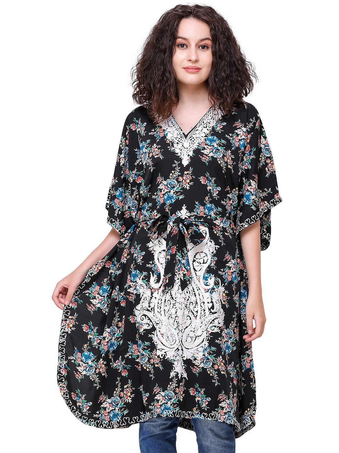 

Exotic India V Neck Kimono Sleeves Floral Print Crepe Kaftan Dress, Blue
