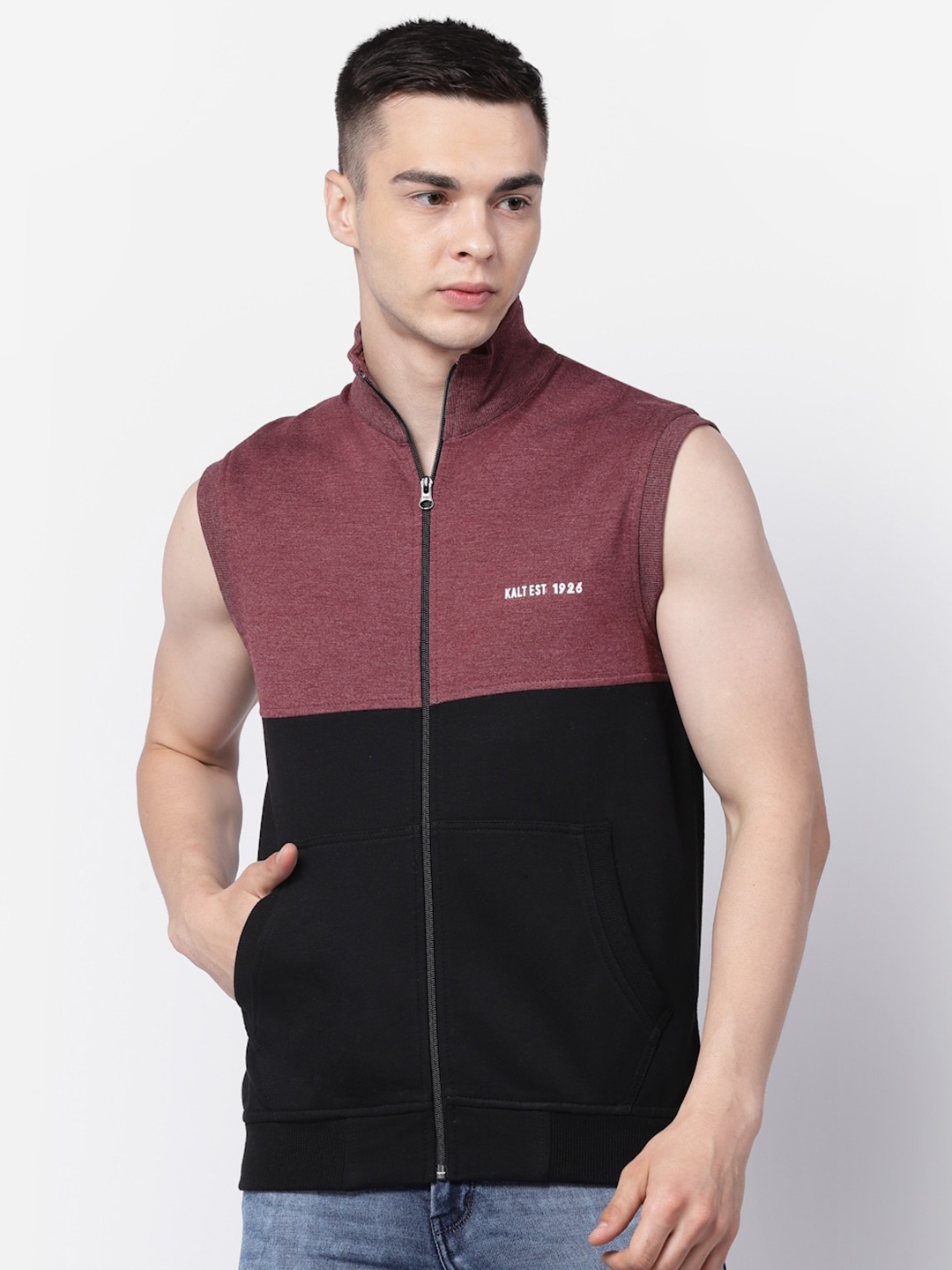 

Kalt Colourblocked Mock Collar Sleeveless Sweatshirt, Maroon